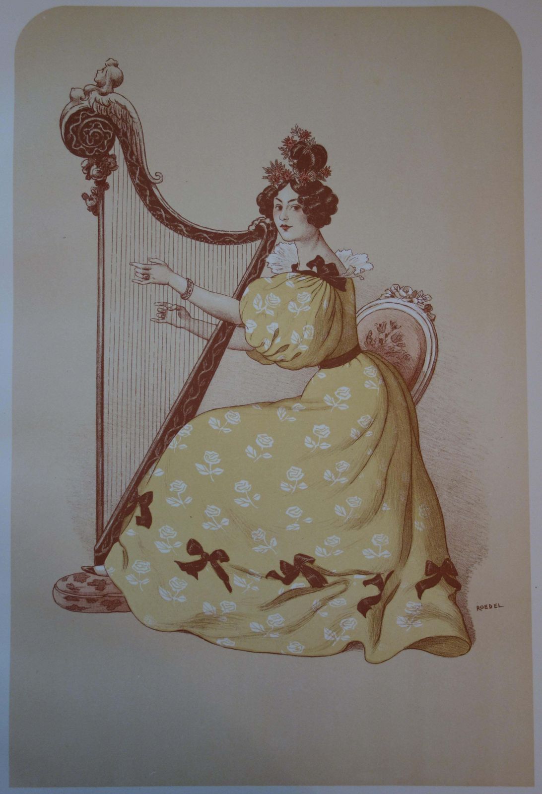 Auguste Roedelromance, Woman With A Harp   Original Lithograph   18981898 photo furniture