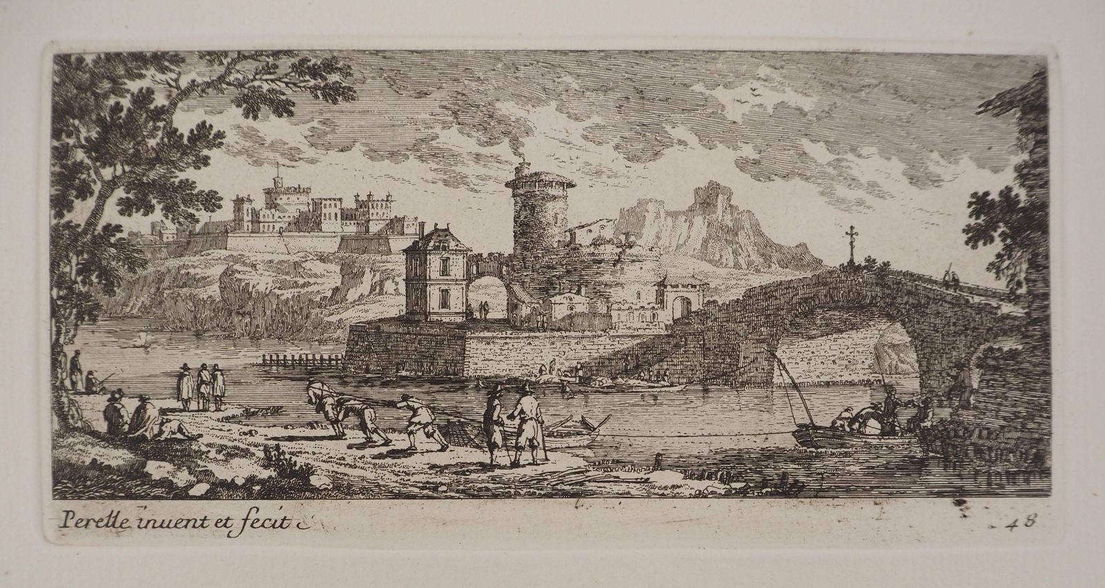 Gabriel Perellelandscape With A Bridge And Fishermen   Original Etching