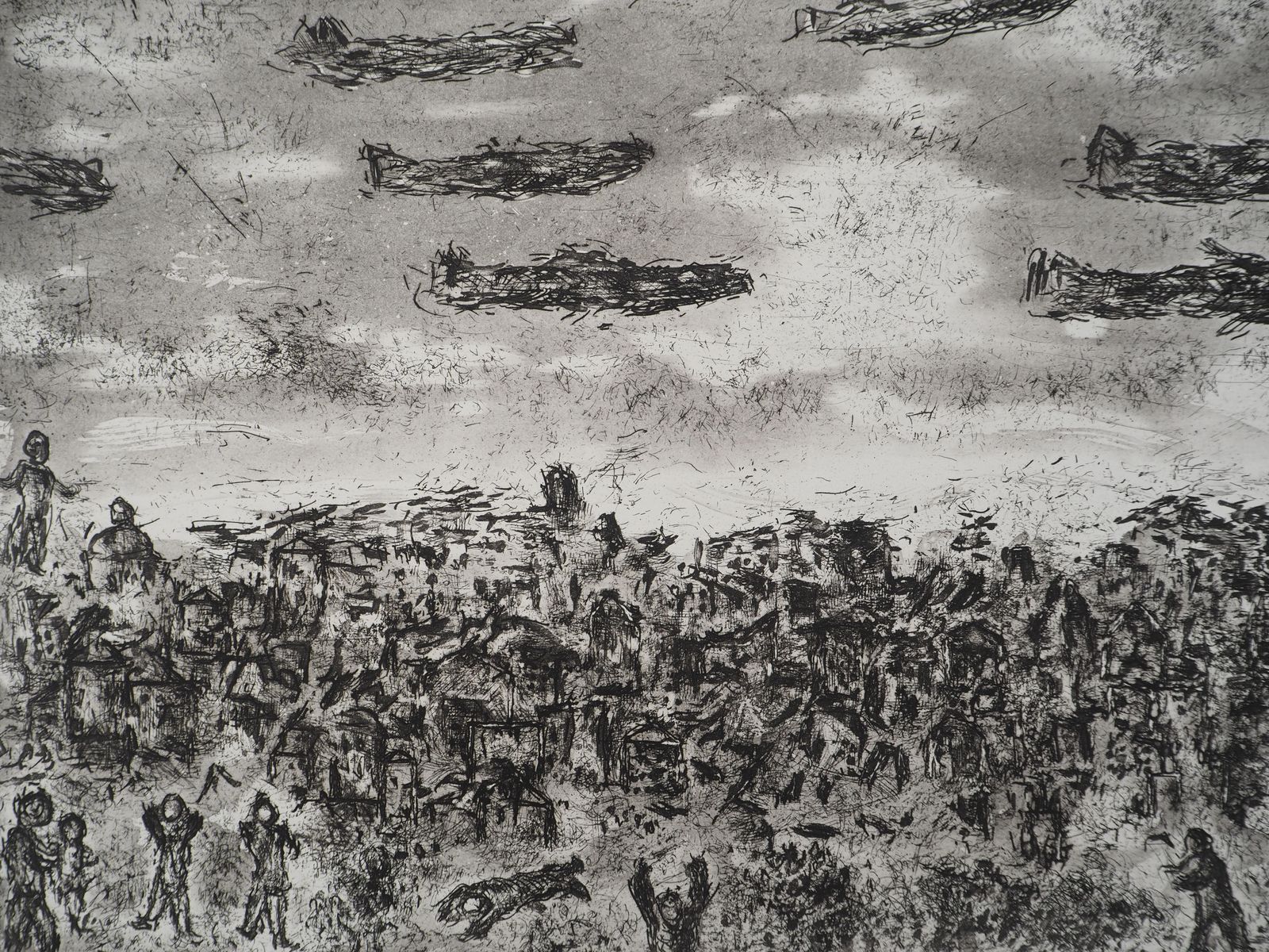 Marc Chagallon The Earth, Crowd And Planes   Original Etching (Cramer #103)1977 photo for sale