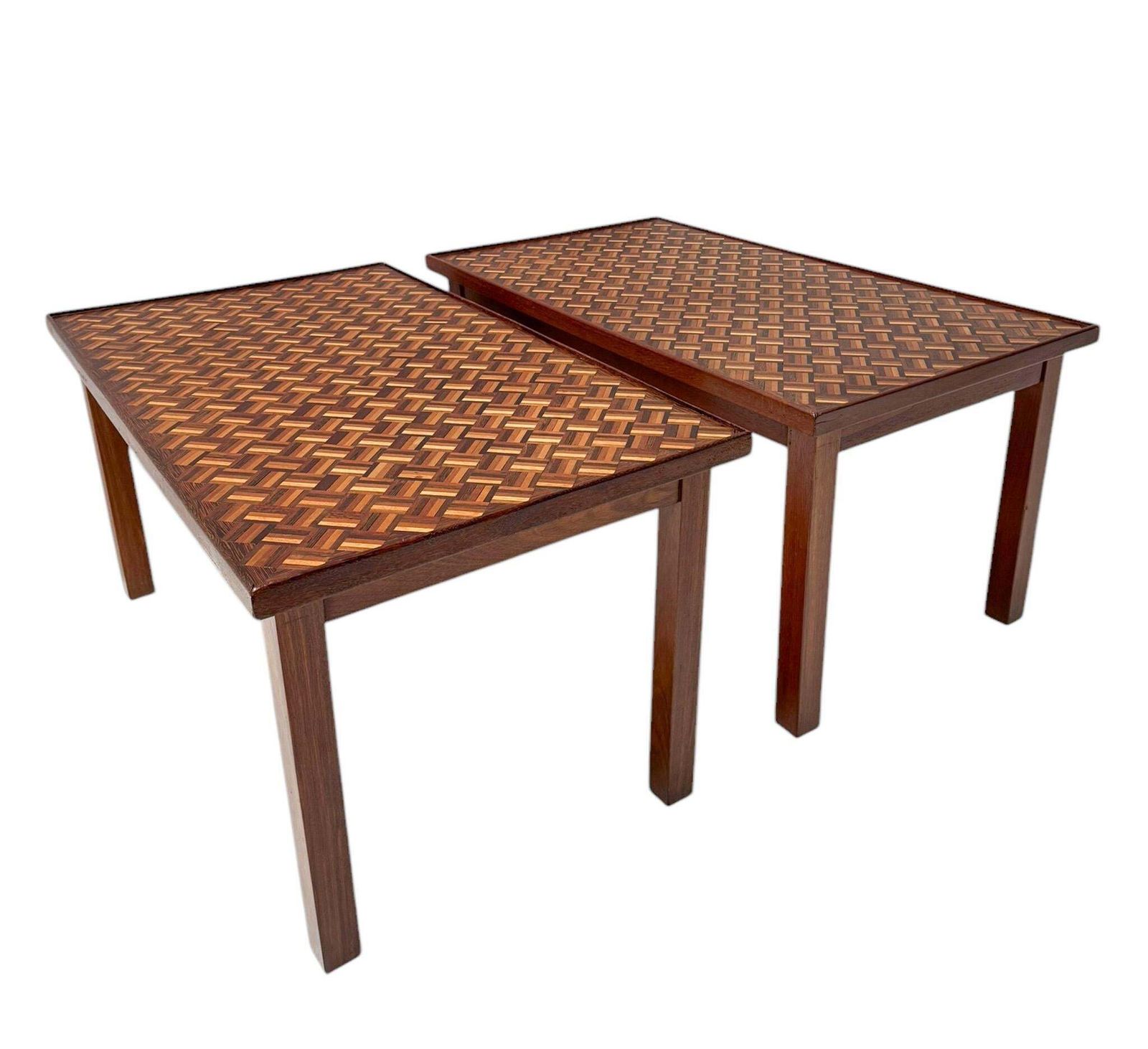 Pair Of Mid Century Modern Side Tables With Mosaic Inlaid Tops, 1960s photo Furniture