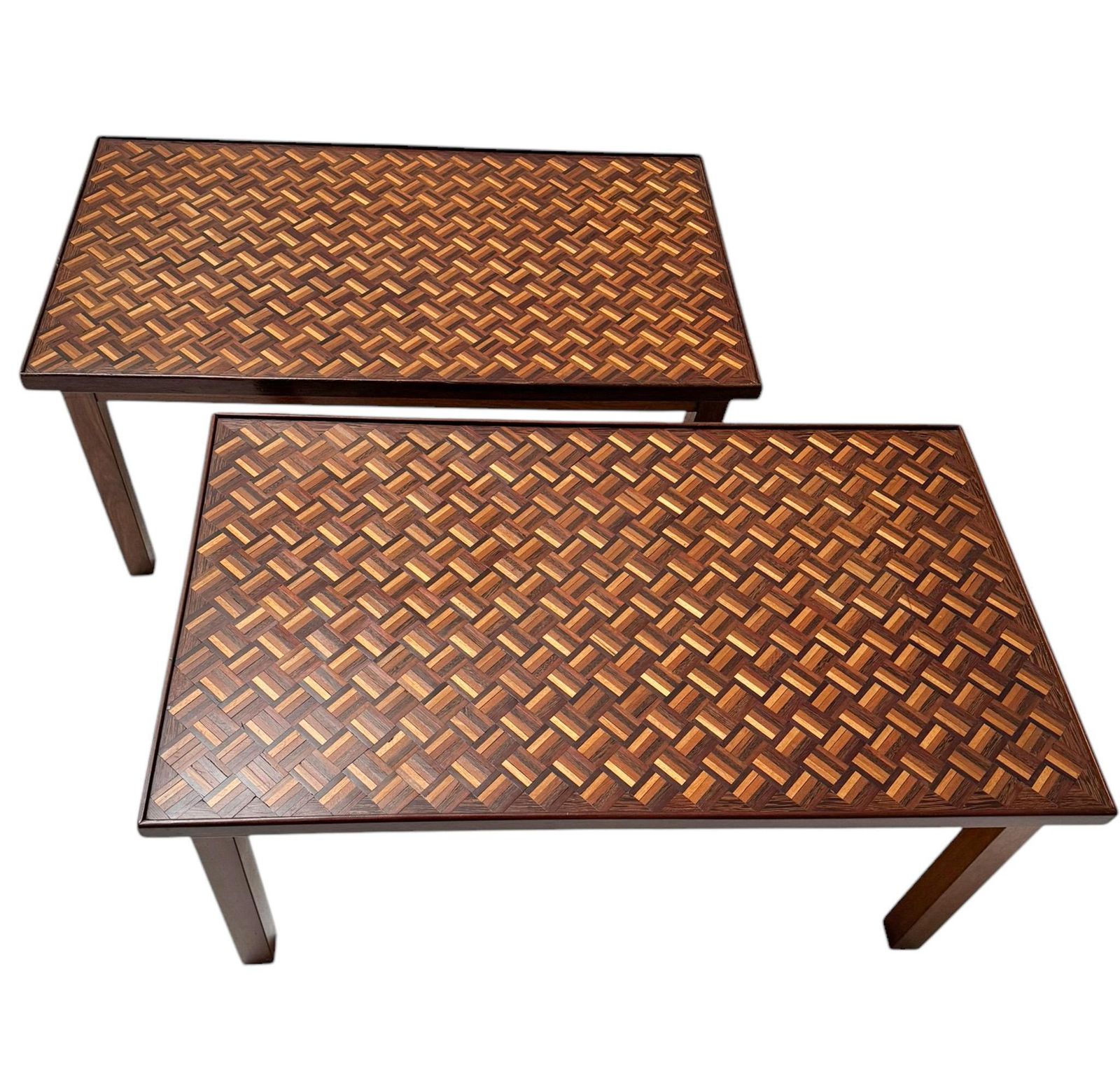 Pair Of Mid Century Modern Side Tables With Mosaic Inlaid Tops, 1960s photo vinterior
