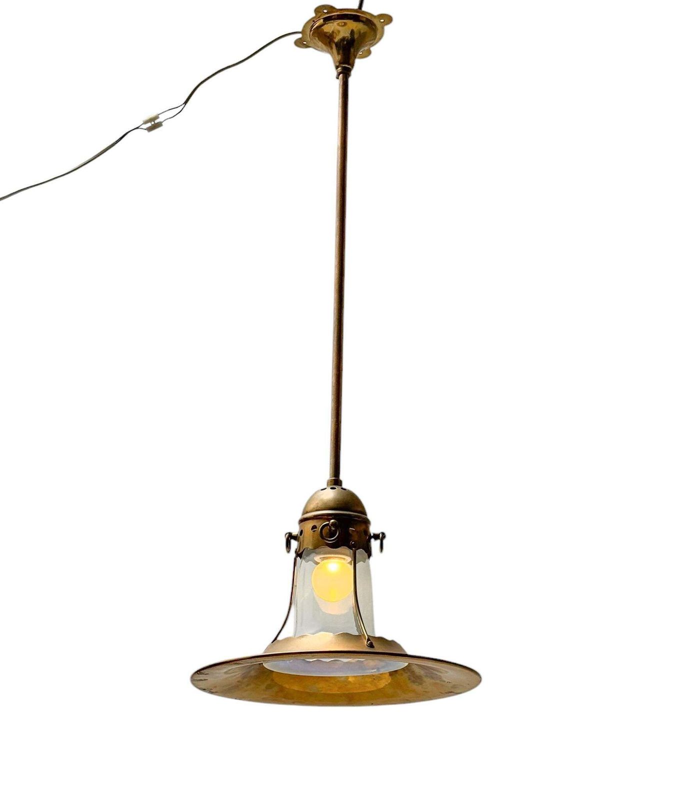 Arts & Crafts Brass Pendant With Origina Blownl Glass Shade, 1900s photo furniture