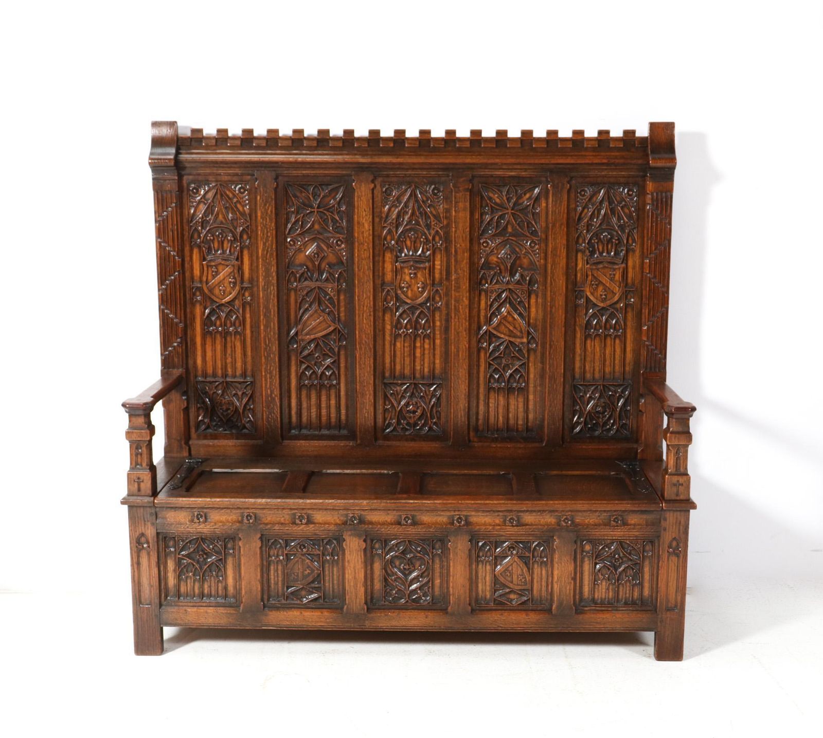 Gothic Revival Oak High Back Hall Bench, 1900s photo furniture