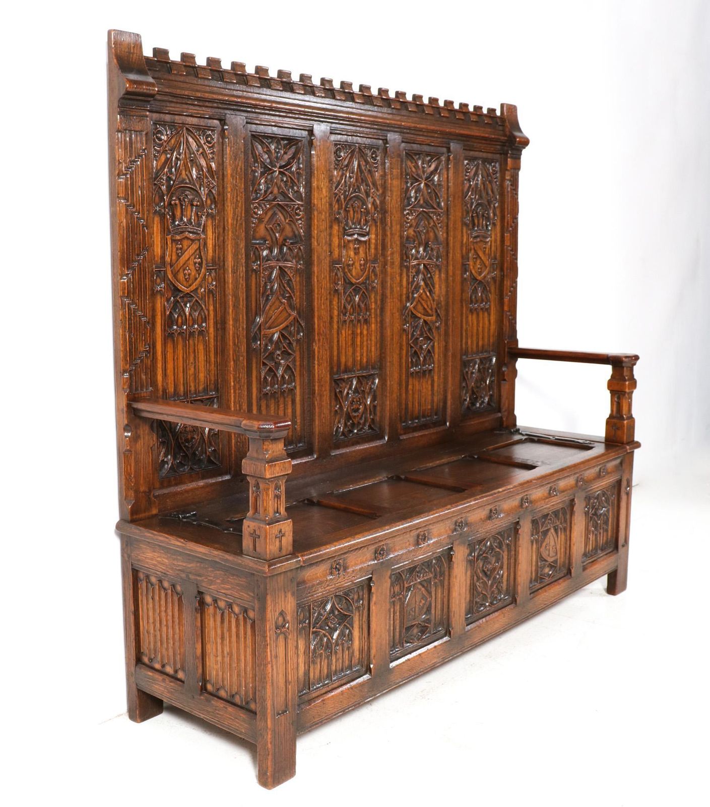 Gothic Revival Oak High Back Hall Bench, 1900s photo 1930.0