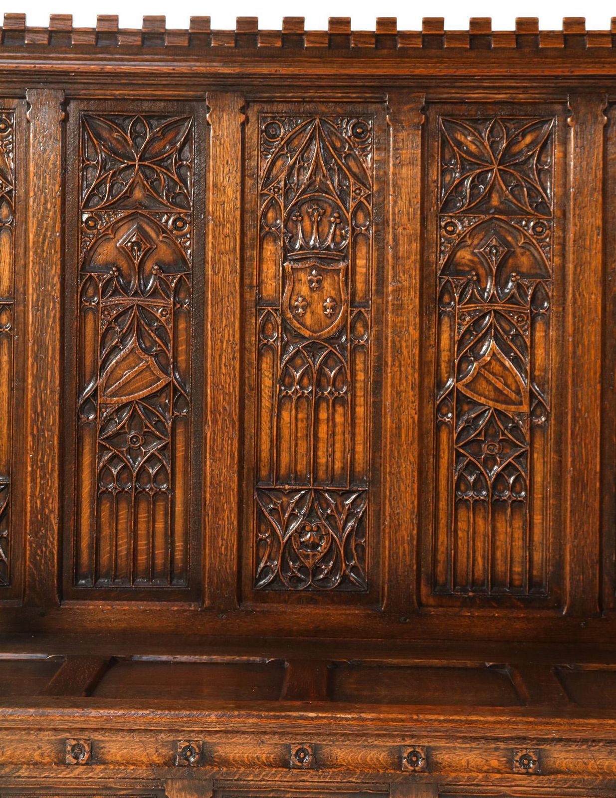 photo for sale Gothic Revival Oak High Back Hall Bench, 1900s
