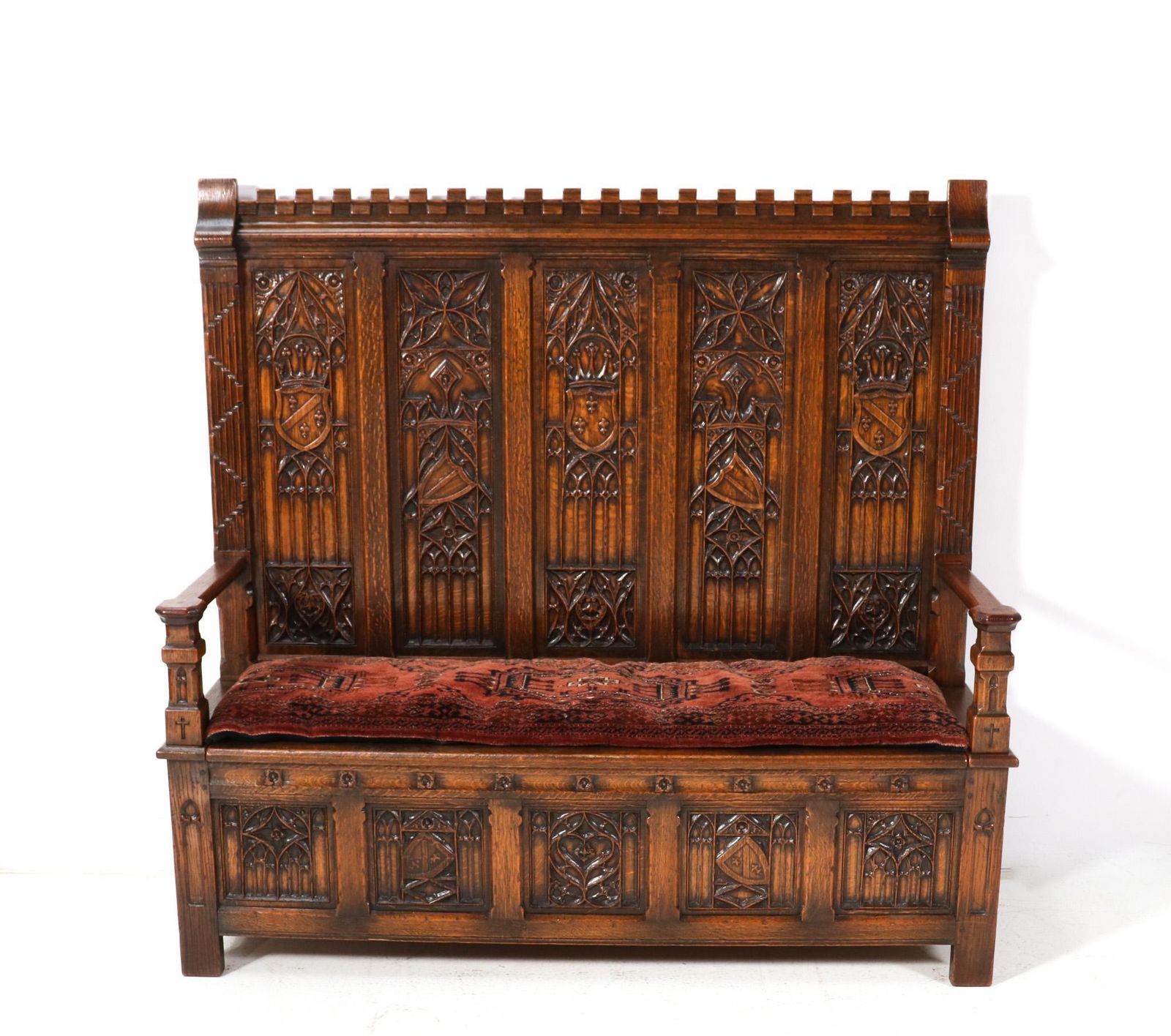 Furniture Gothic Revival Oak High Back Hall Bench, 1900s photo