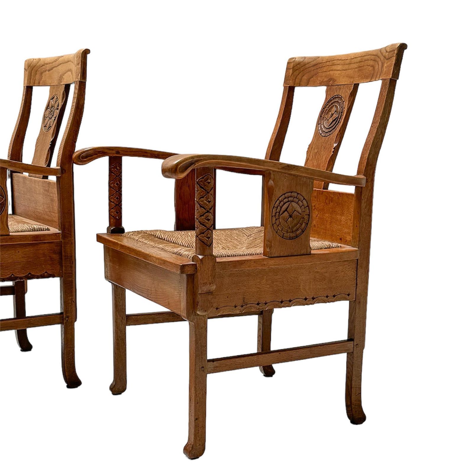 photo for sale Pair Of Rustic Carved Oak Armchairs By Anton Fortuin, 1940s