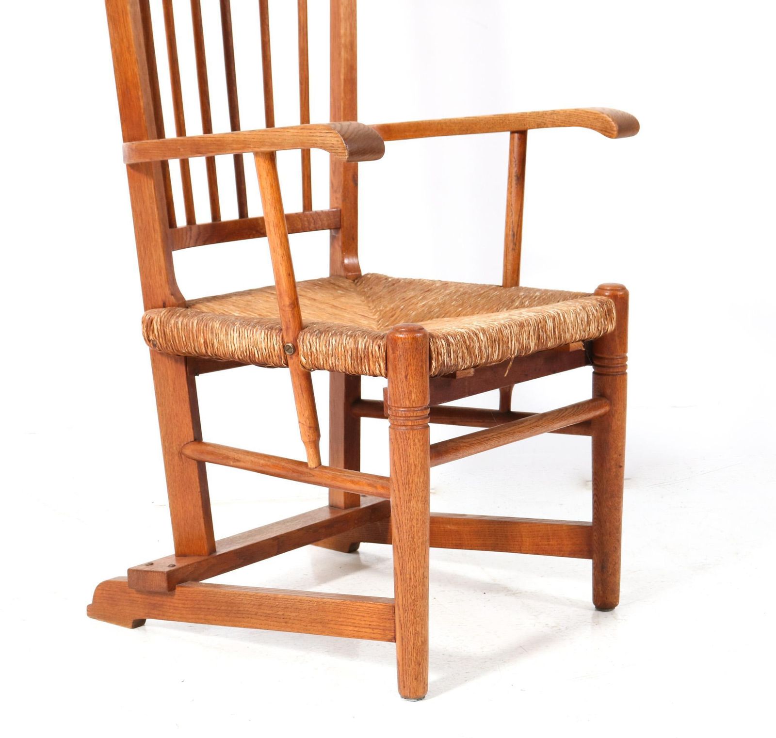 Oak Arts & Crafts Art Nouveau High Back Armchair With Rush Seat, 1900s photo buy