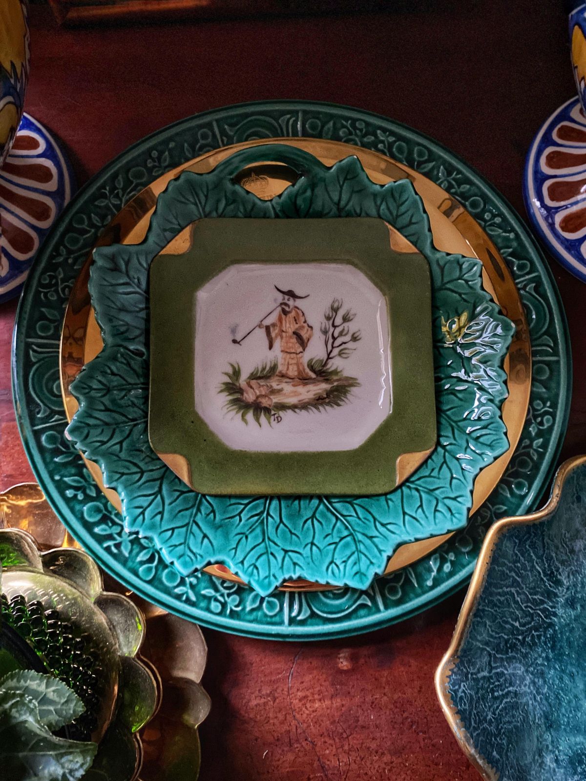 Handpainted Green And Gold Porcelain Ashtray With Chinoiserie Smoking Motif photo furniture