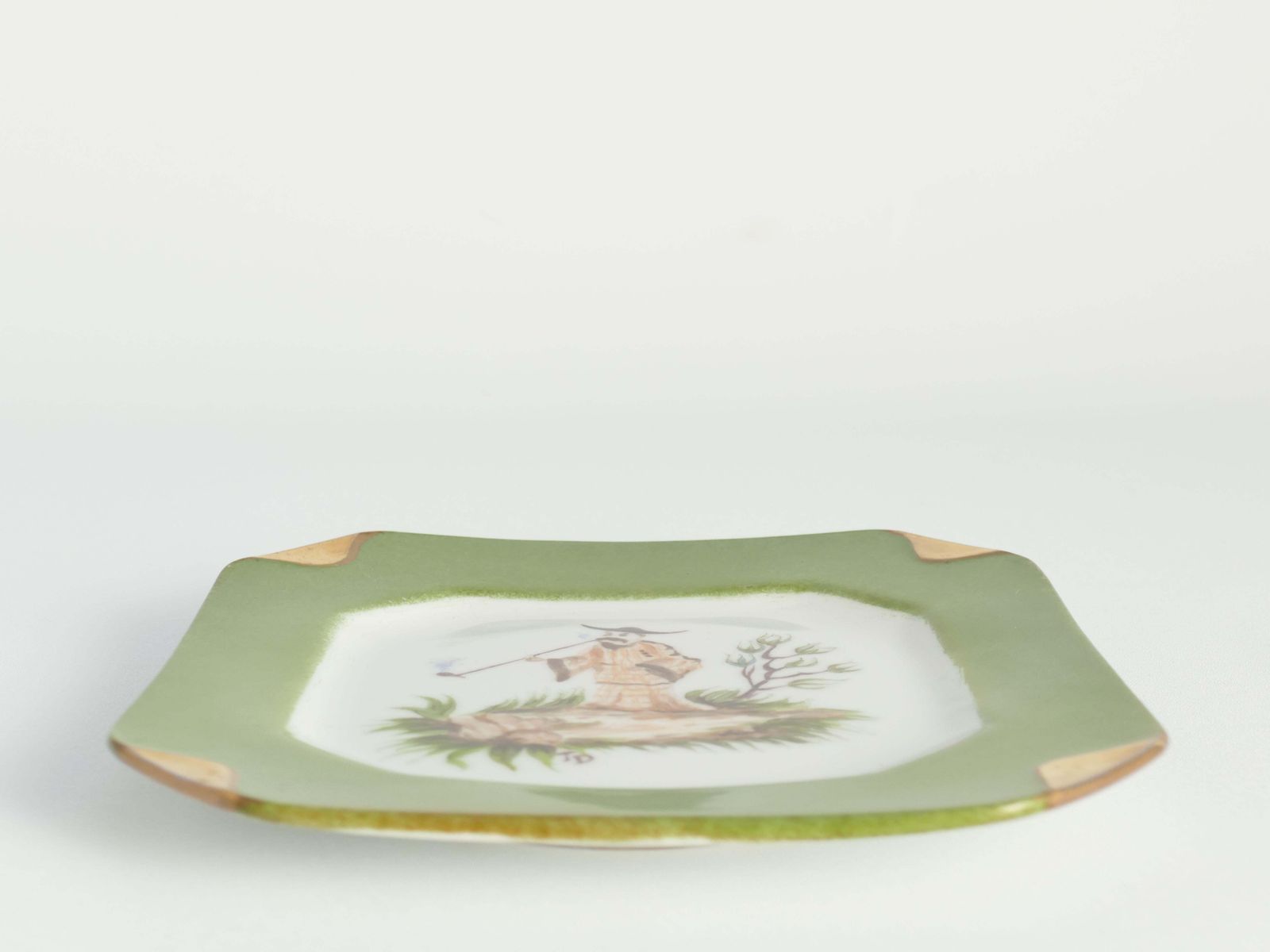 Handpainted Green And Gold Porcelain Ashtray With Chinoiserie Smoking Motif photo buy