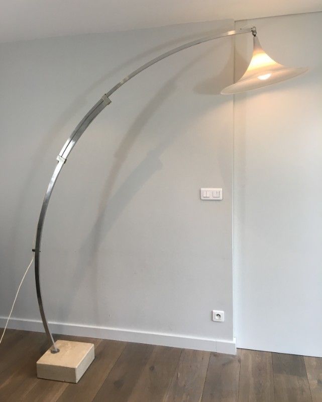 Rare Arco Style Floor Lamp In Brushed Aluminium, Conical White Plastic Reflector And Square Marble Base. French. Circa 1970