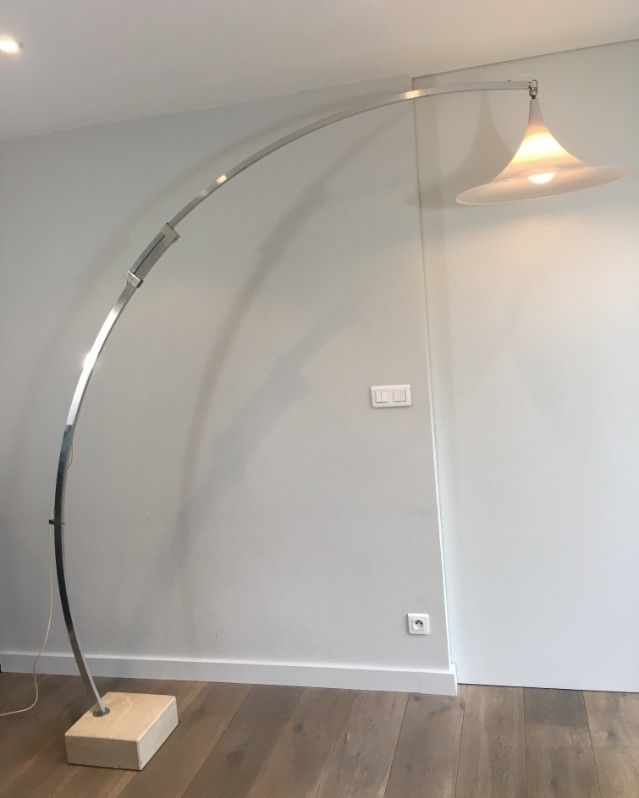 Rare Arco Style Floor Lamp In Brushed Aluminium, Conical White Plastic Reflector And Square Marble Base. French. Circa 1970 photo for sale