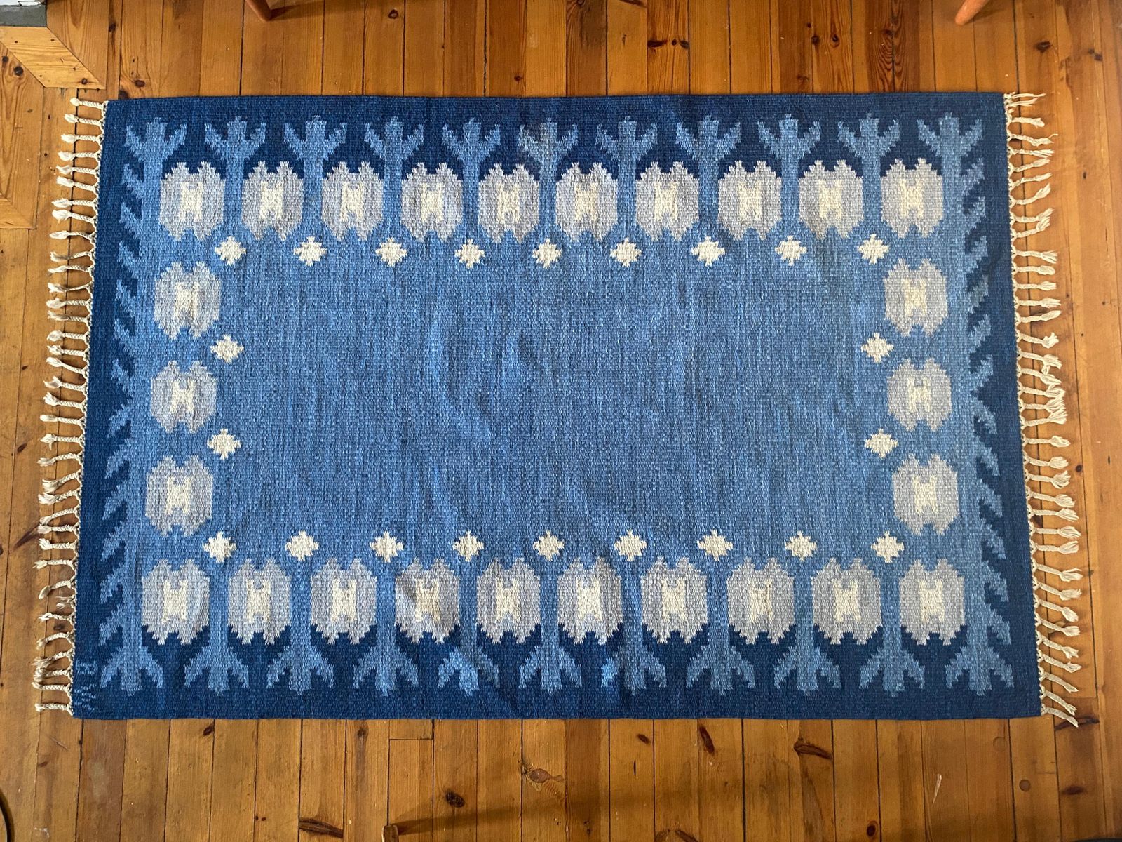 Scandinavian Modern Blue Rölakan Flatweave Rug By Berit Koenig Woelfer Sweden photo vintage