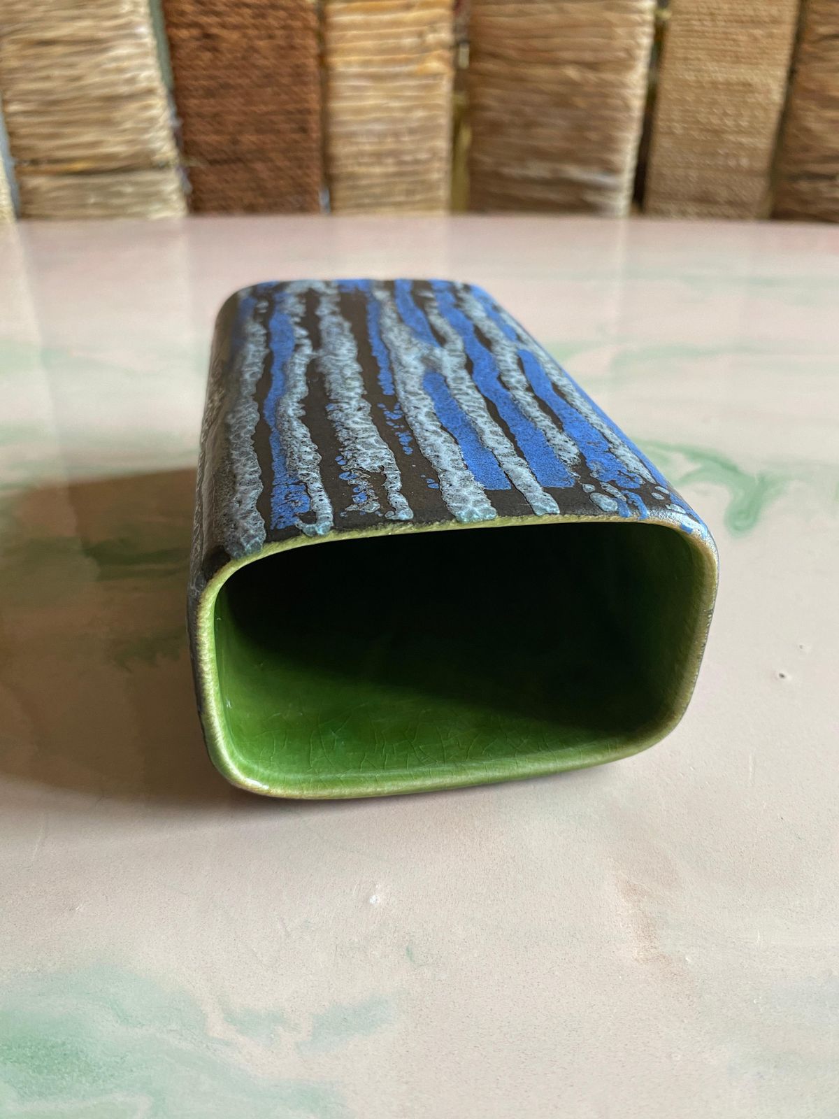 Midcentury Modern Blue And White Striped Fat Lava Stoneware Vase By Jasba, 1960s photo vinterior