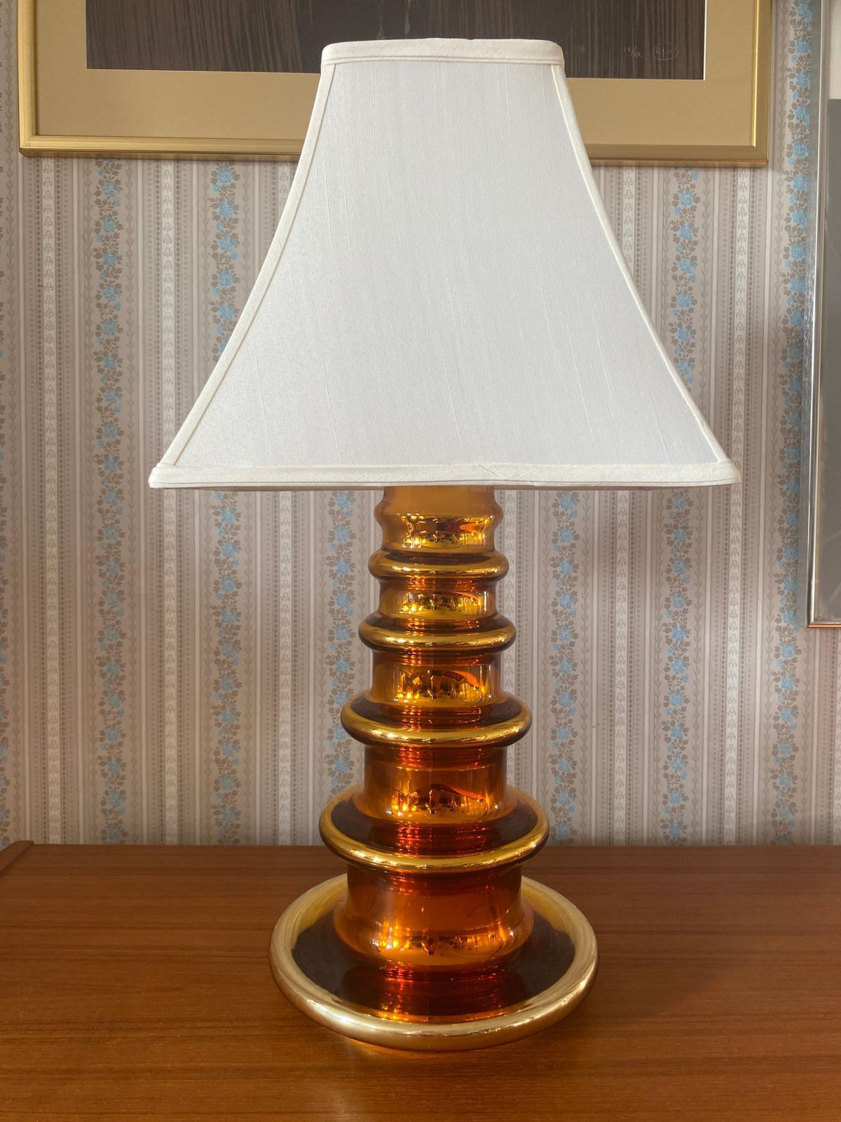 Metallic Amber Glass Table Lamp By Gustav Leek For Orrefors, 1960s photo buy