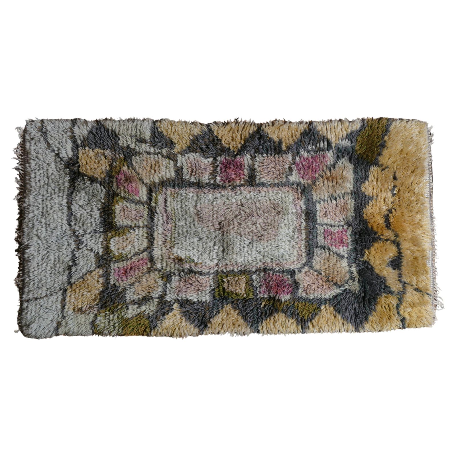 Scandinavian Modern High Pile Geometric Handmade Wool Rya Rug, Sweden 1960s