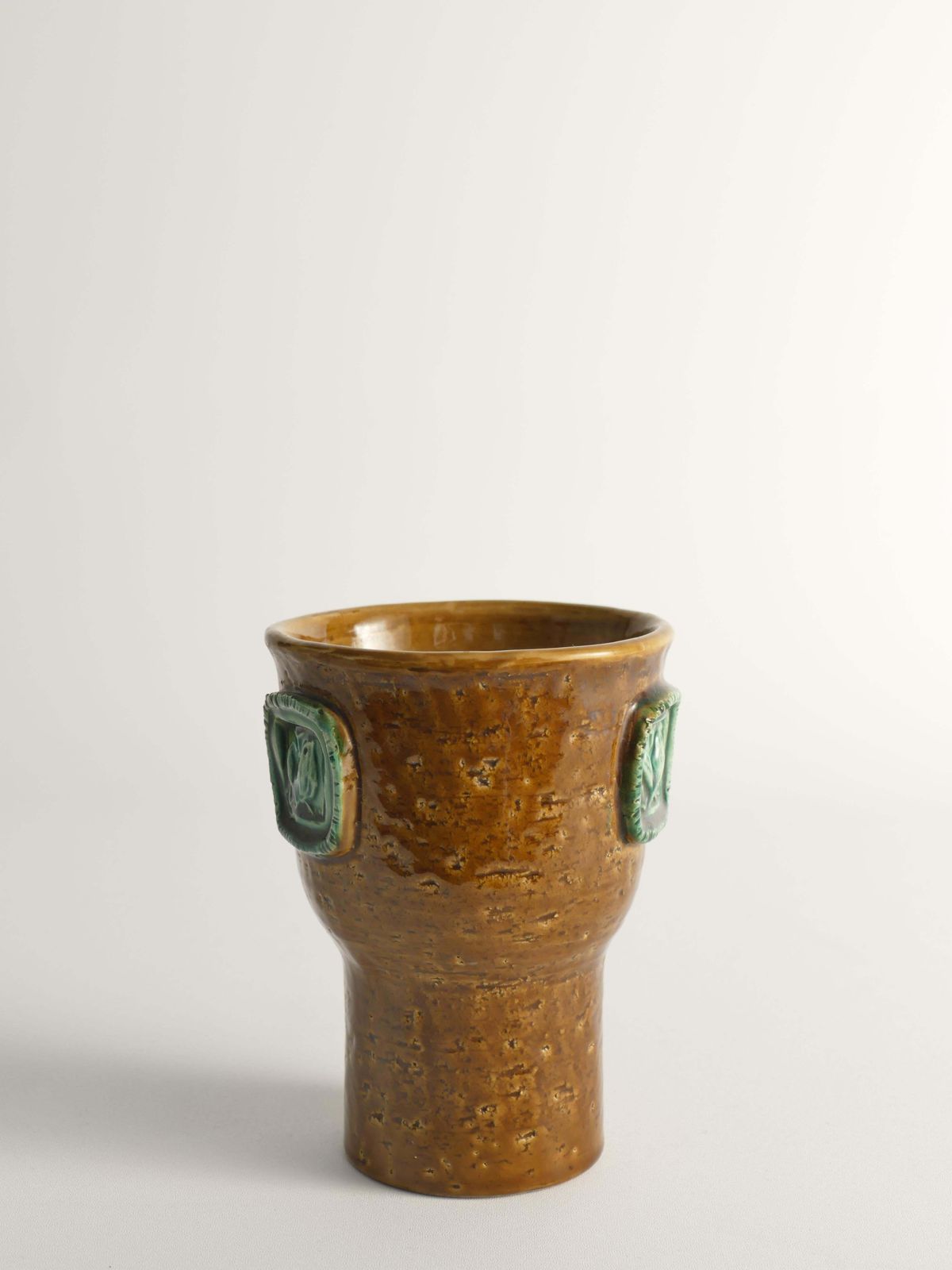 Mustard Brown Stoneware Vase With Celadon Green Birds By Aldo Londi For Bitossi photo for sale
