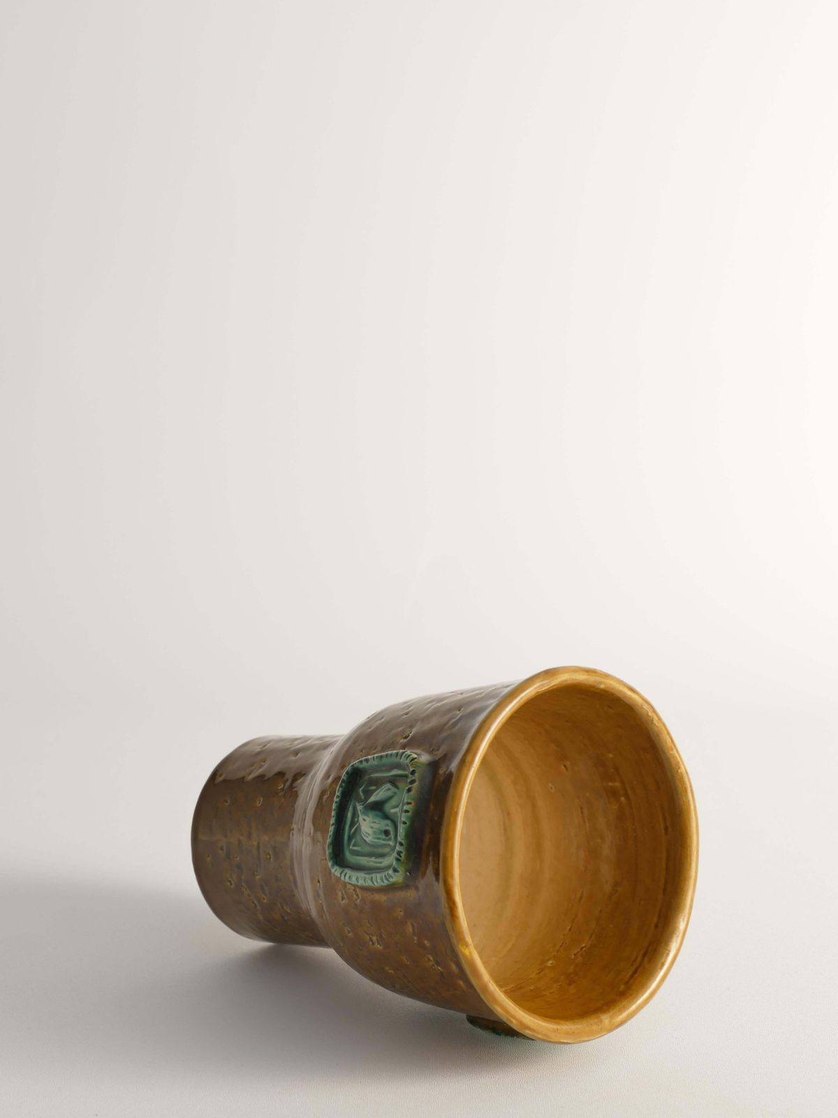 Mustard Brown Stoneware Vase With Celadon Green Birds By Aldo Londi For Bitossi photo vinterior