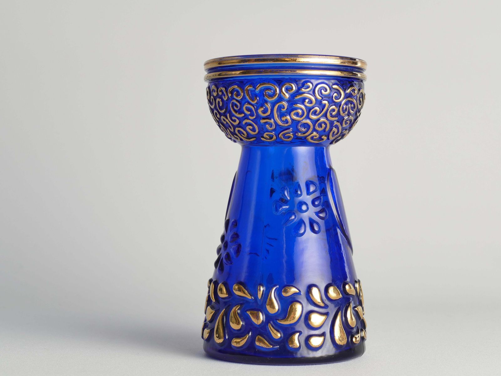 Mid Century Modern Cobalt Blue And Gold Glass Hyacinth Vase By Walther Glas photo vinterior