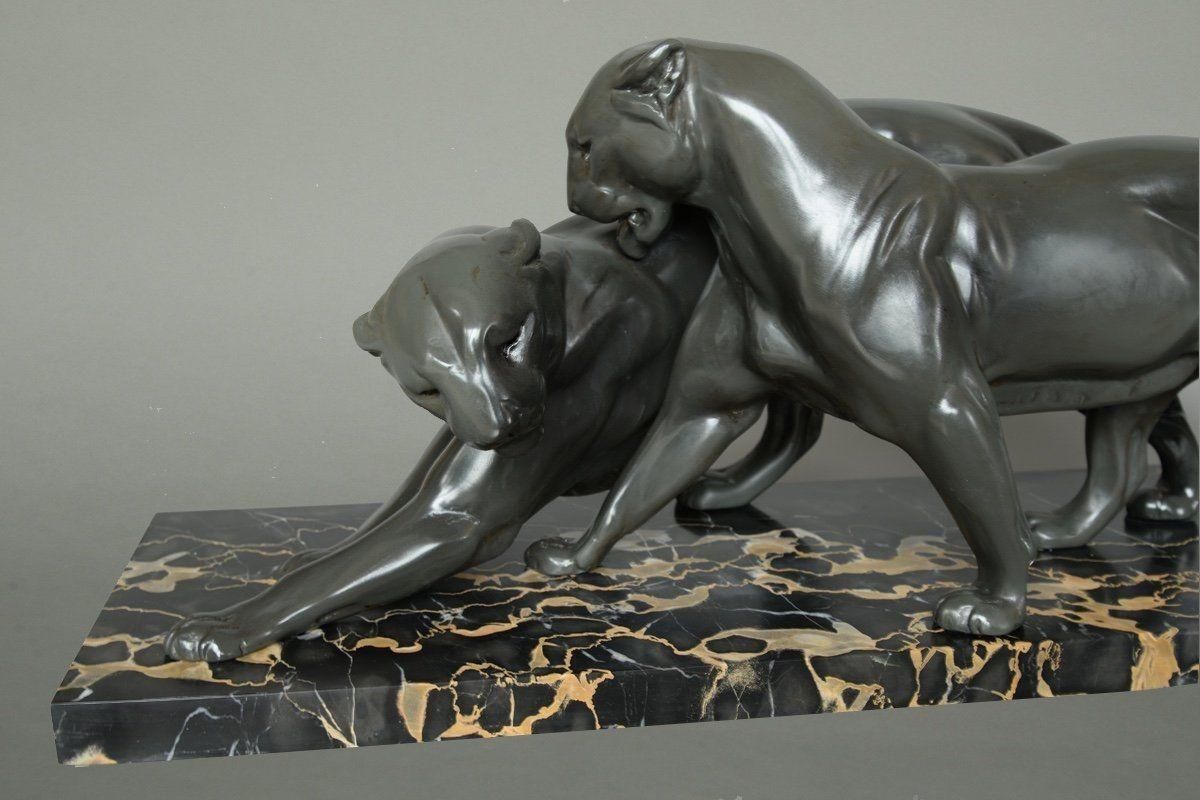 Art Deco Pair Of Panthers, Signed Plagnet, Spelter, Marble, France Circa 1930 photo for sale