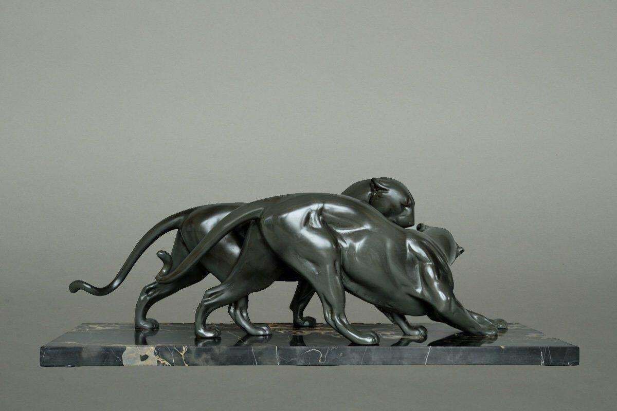 Art Deco Pair Of Panthers, Signed Plagnet, Spelter, Marble, France Circa 1930 photo Art
