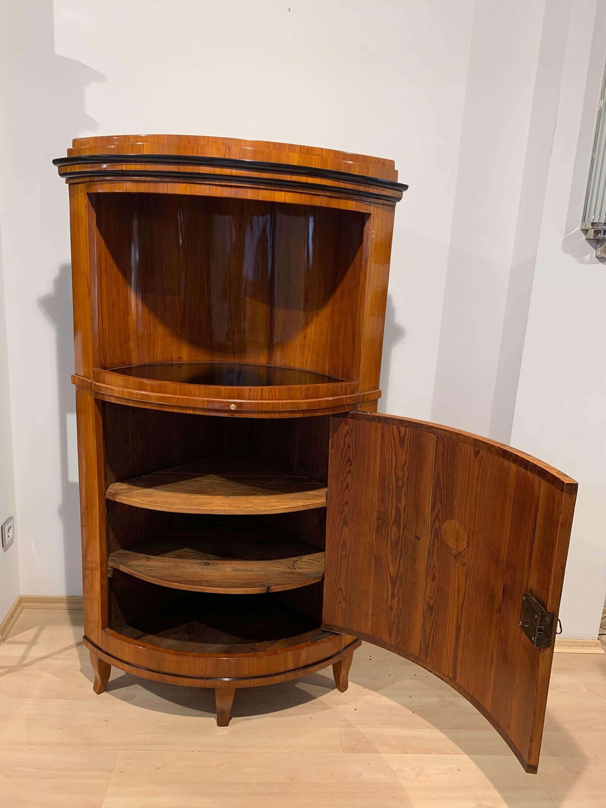 Furniture Biedermeier Corner Cabinet, Cherry Veneer, Ebony, South Germany Circa 1820 photo