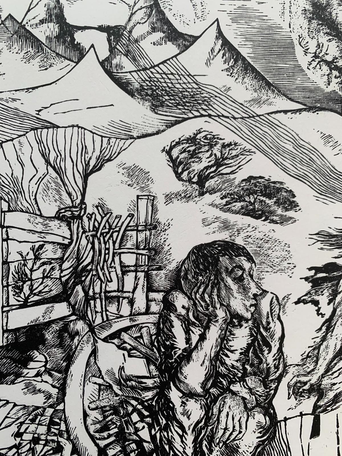 Franciszek Bunschentrance To Garden. Black And White Woodcut, Figurative, Polish Artist2004 photo Art