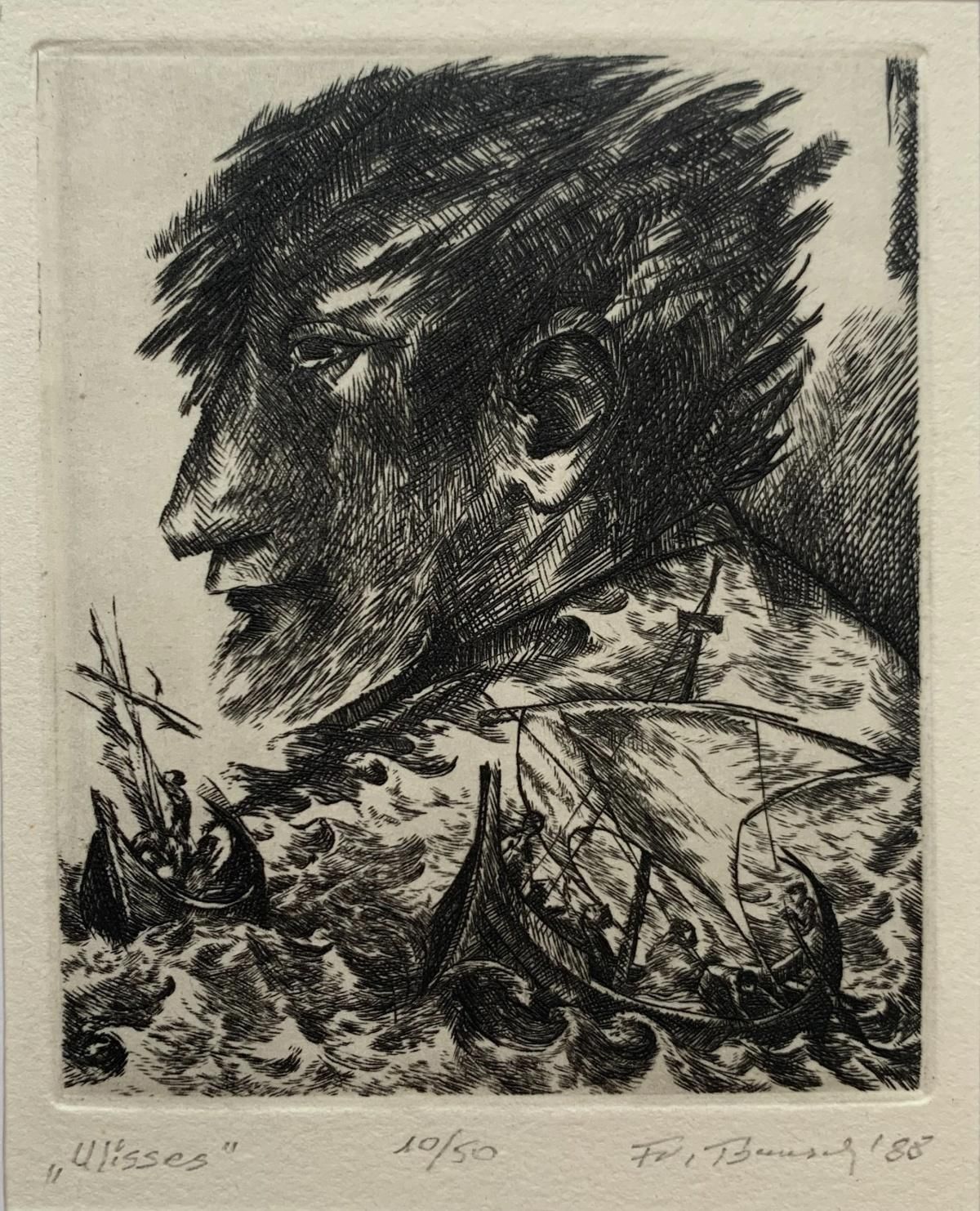 Franciszek Bunschulysses. Black And White Engraving Print, Figurative, Polish Artist1988 photo for sale