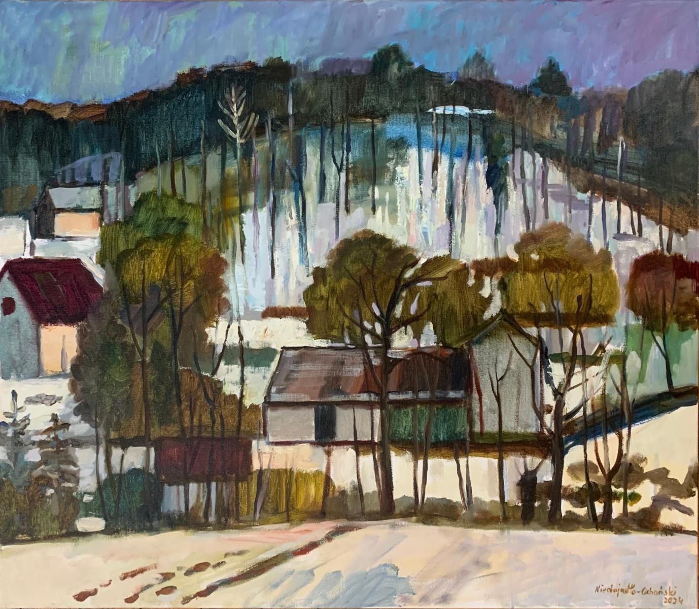 Marek Niedojadłohouses With Mountain Backdrop. Oil Landscape Painting, Figurative, Polish Art2024
