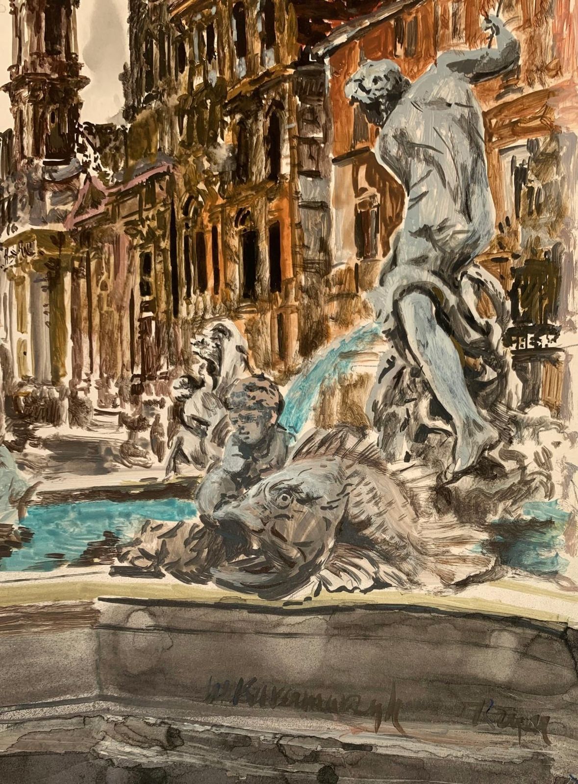 Włodzimierz Karczmarzykrome, Navona Square. Acrylic On Paper, Architecture, Classic, Polish Artist1989 photo for sale