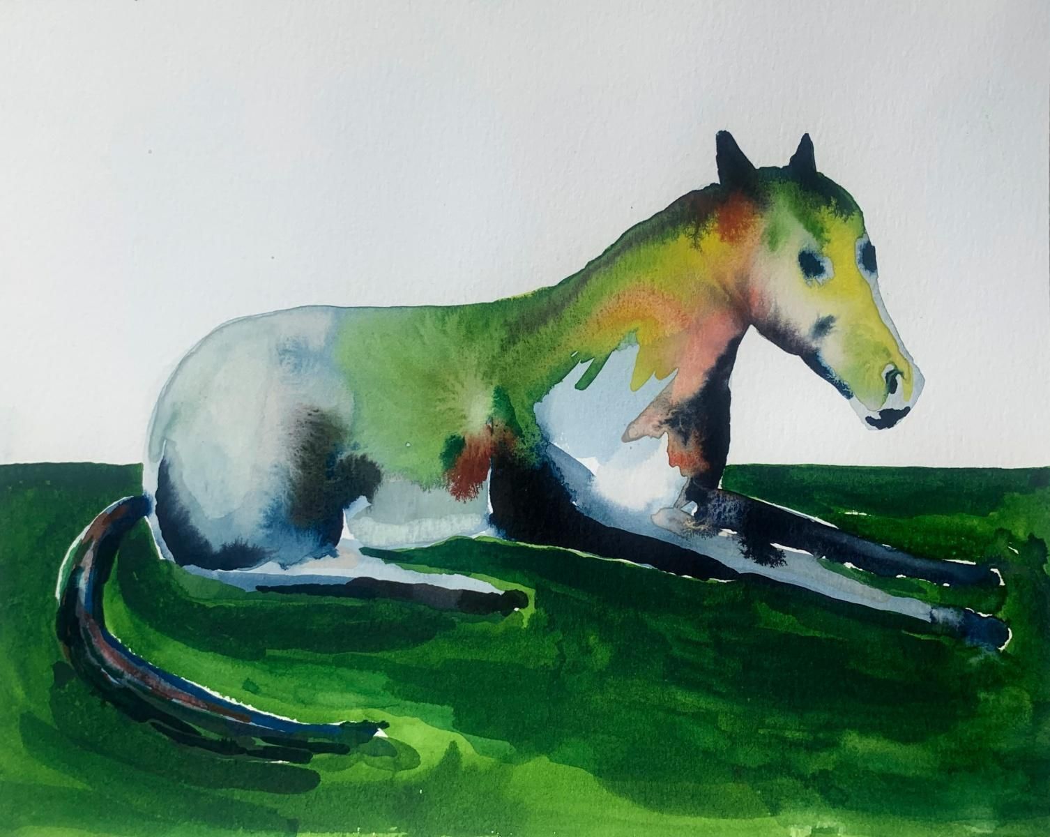 Hanna Ilczyszynnocefresca. Colorful Figurative Watercolor Drawing, Horse, Polish Artist2024