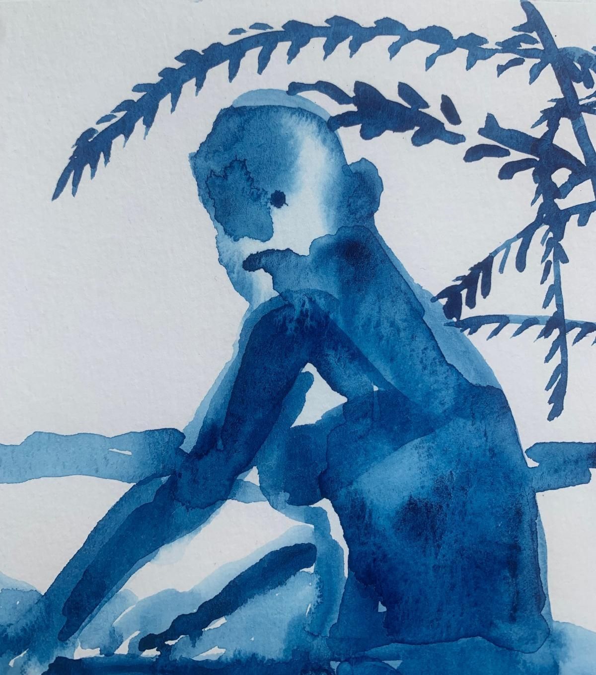 Hanna Ilczyszynhot. Monochromatic Figurative Watercolor Drawing, Polish Art2022 photo for sale