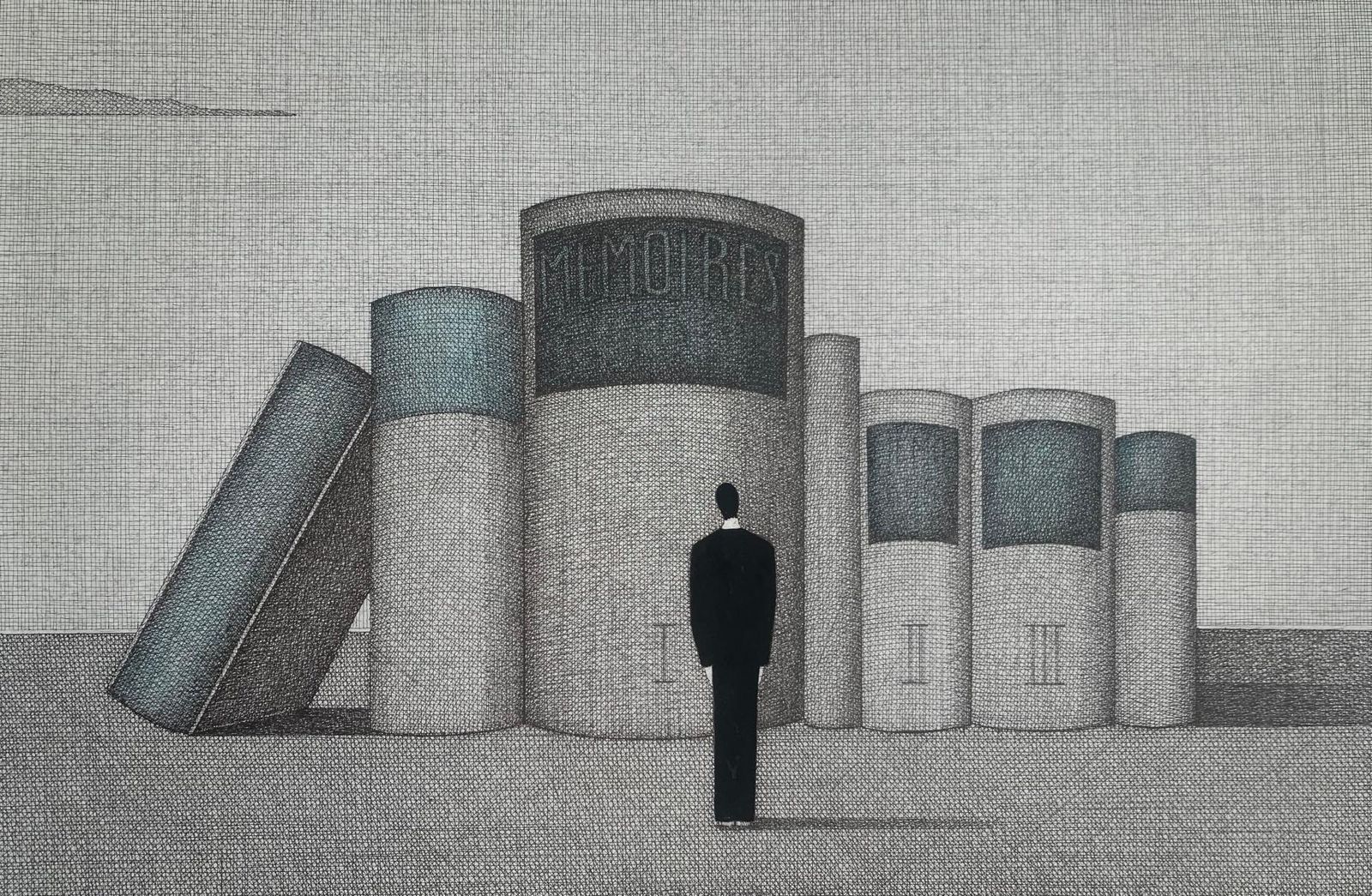 Joanna Wiszniewska Domanskadiaries. Figurative Print, Symbolic Surrealism, Grey And Blue, Polish Art2001