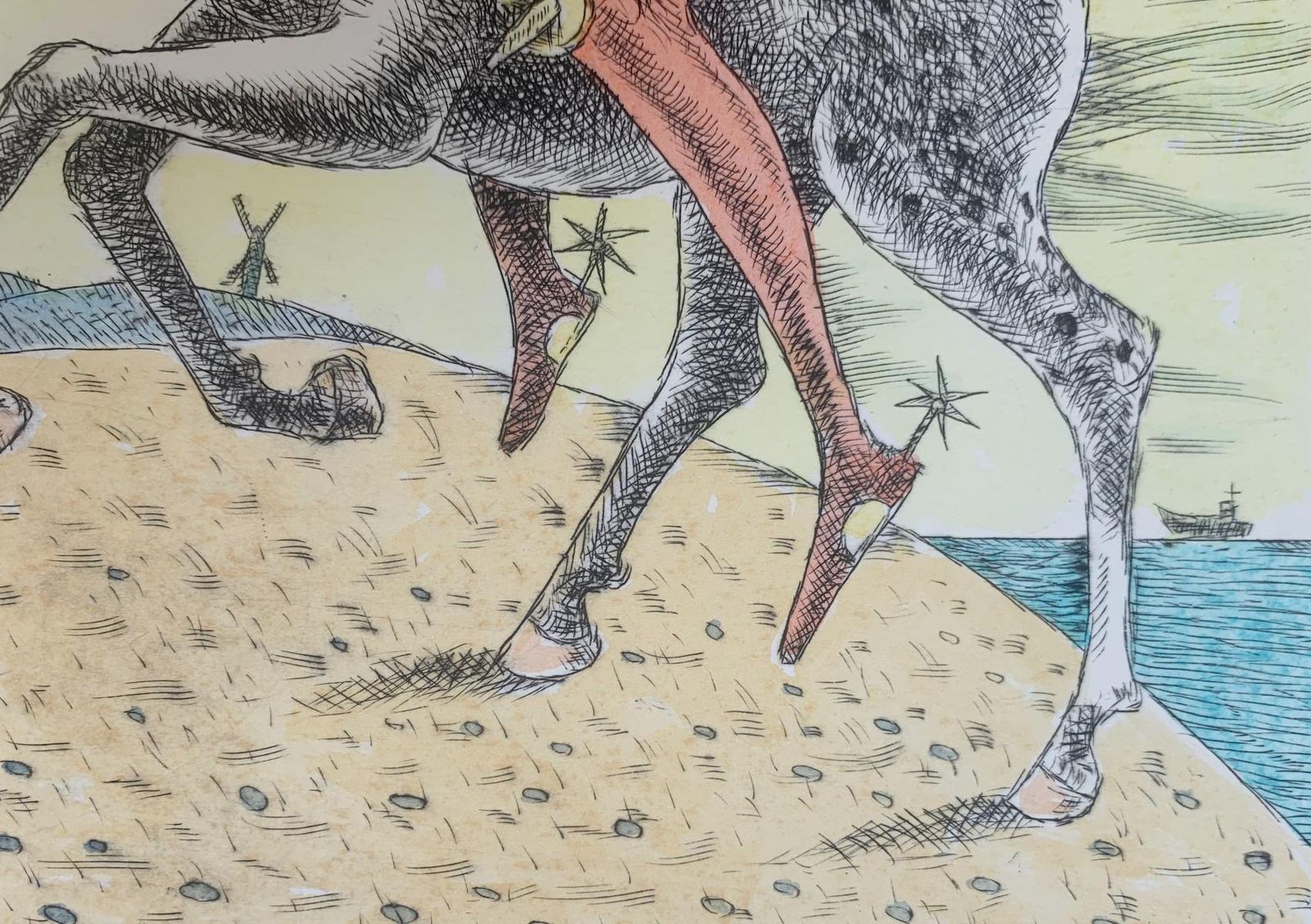 Czeslaw Tumielewiczdon Kichote Attacking. Figurative Drypoint Etching Print, Colorful, Polish Art2007 photo for sale