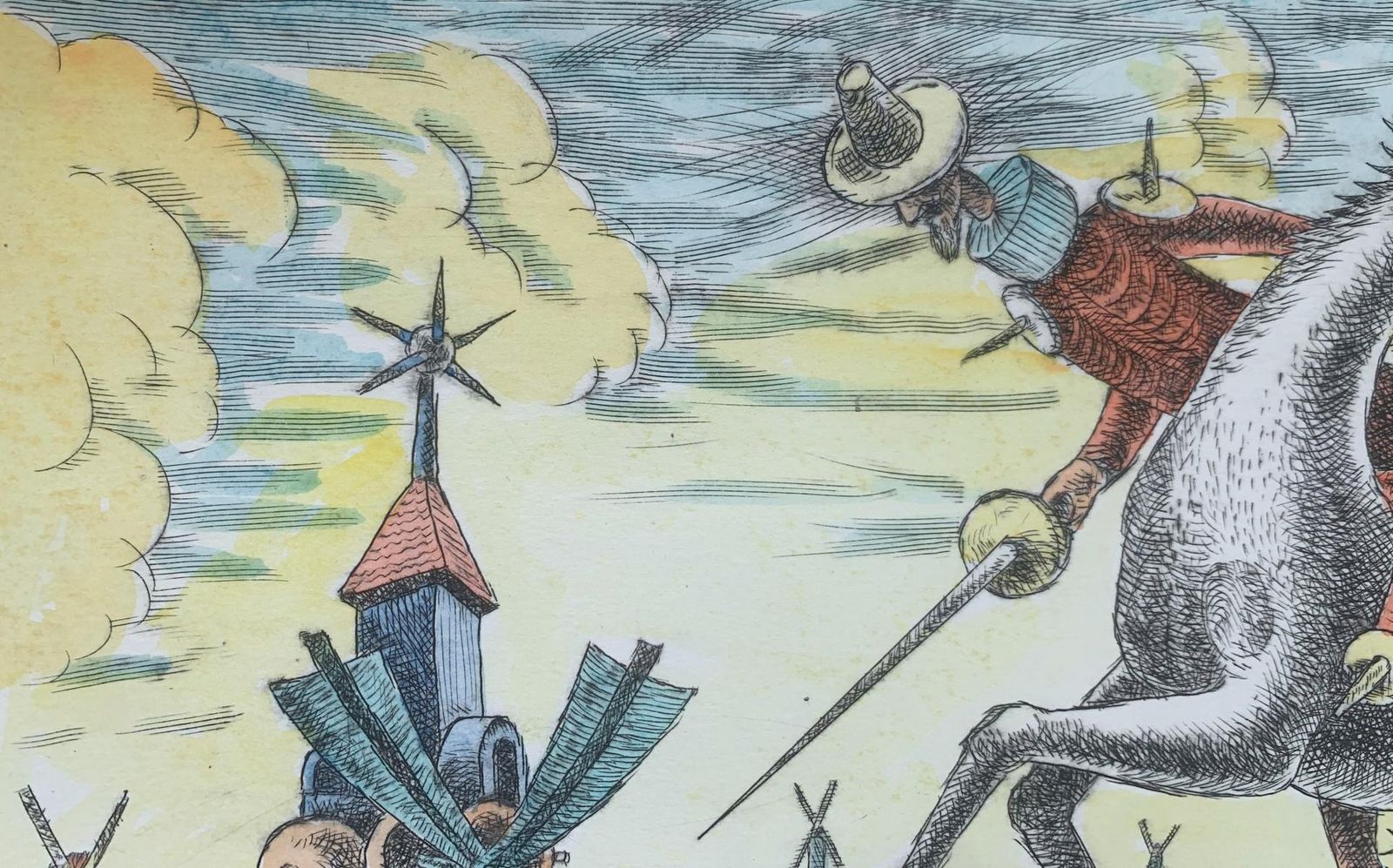 Czeslaw Tumielewiczdon Kichote Attacking. Figurative Drypoint Etching Print, Colorful, Polish Art2007 photo Art