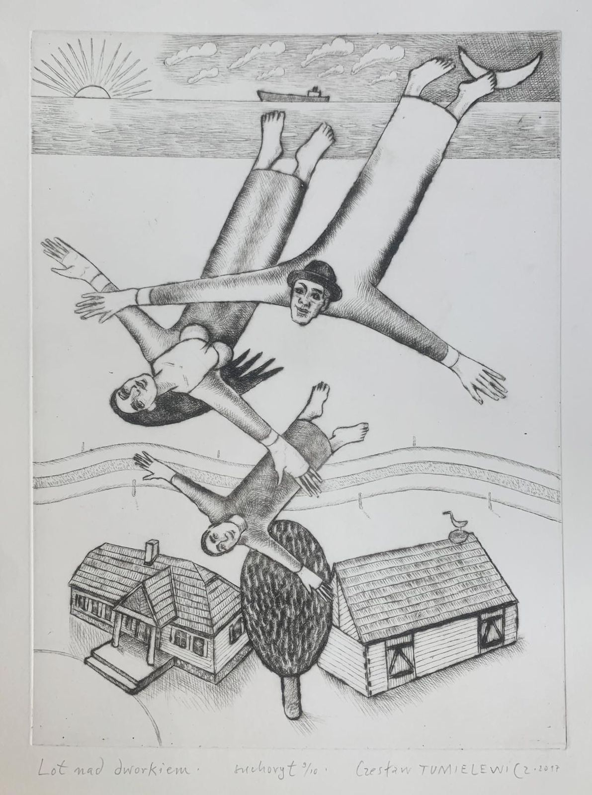 Czeslaw Tumielewiczflight Above Manor. Figurative Etching Print, Black And White, Polish Art2017 photo vinterior
