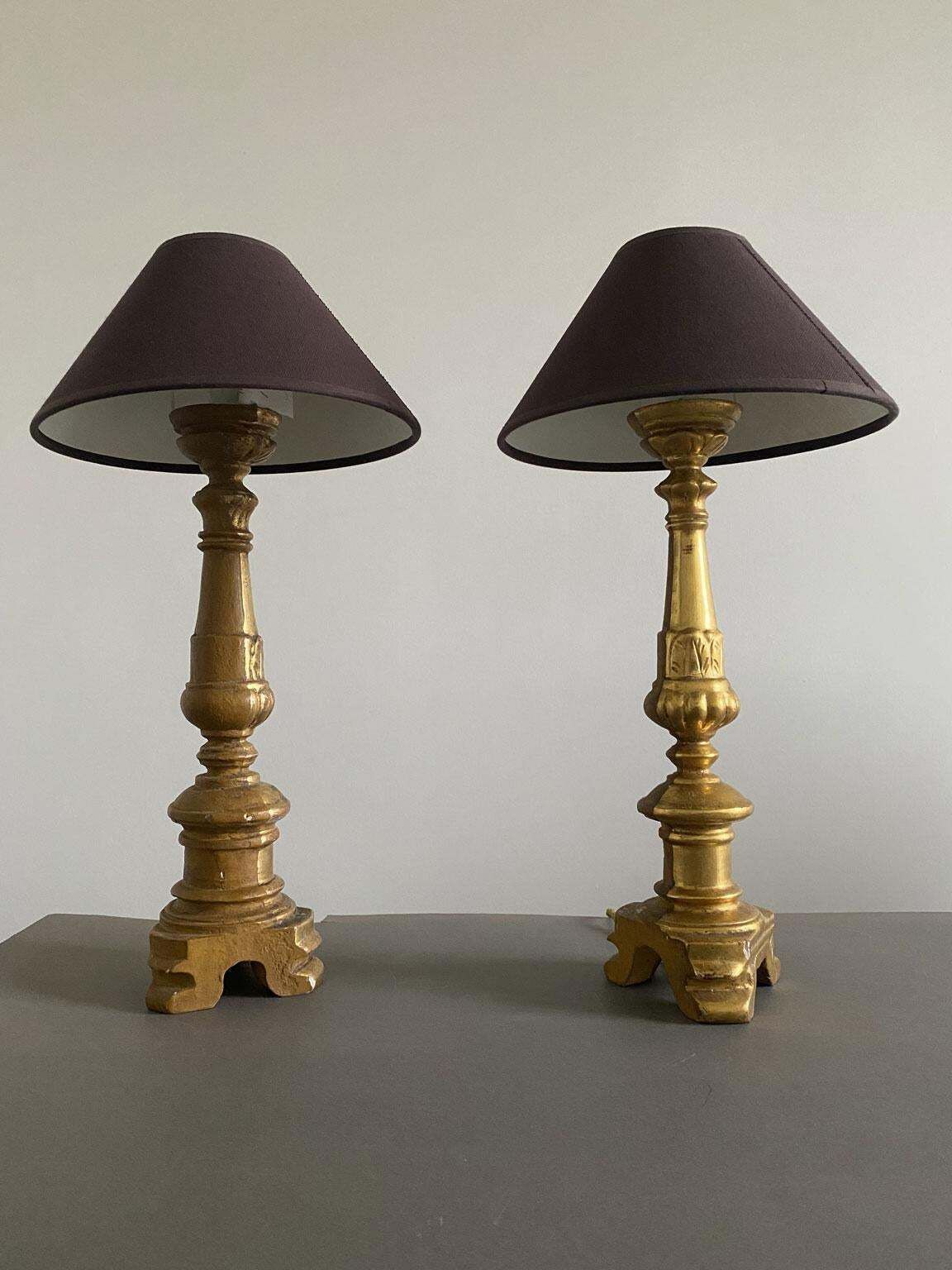 Italy Late 19th Century Pair Baroque Gilded Wooden Table Lamps photo furniture