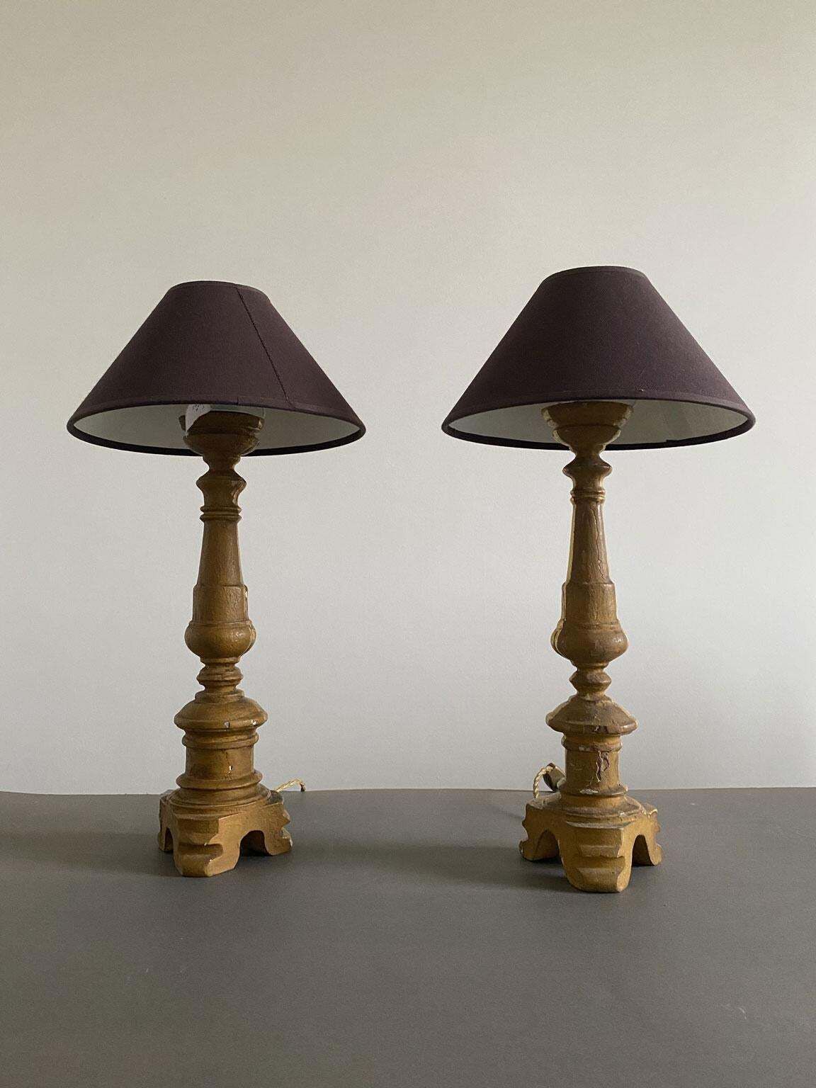 photo buy Italy Late 19th Century Pair Baroque Gilded Wooden Table Lamps