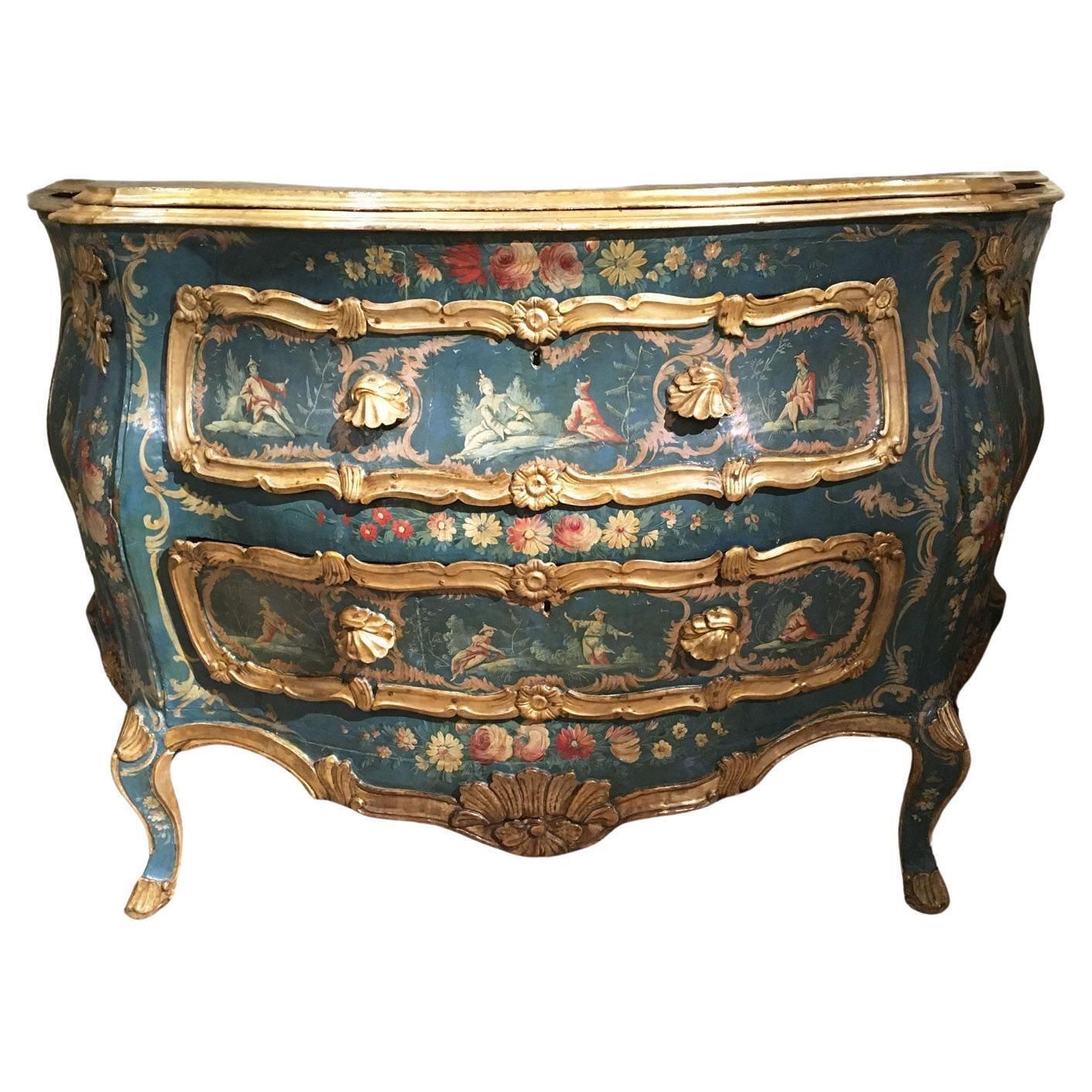 1750 Venezia Italy Blue And Green Lacquered Wooden Engraved Commode With Flowers