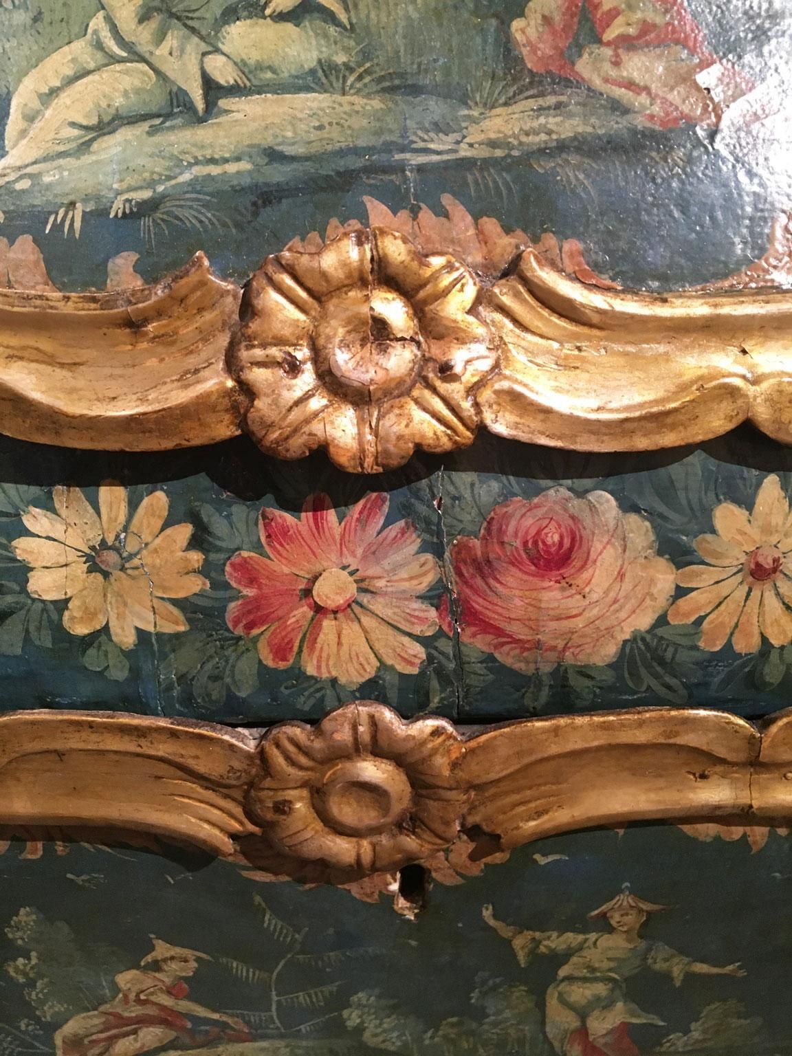 1750 Venezia Italy Blue And Green Lacquered Wooden Engraved Commode With Flowers photo vinterior