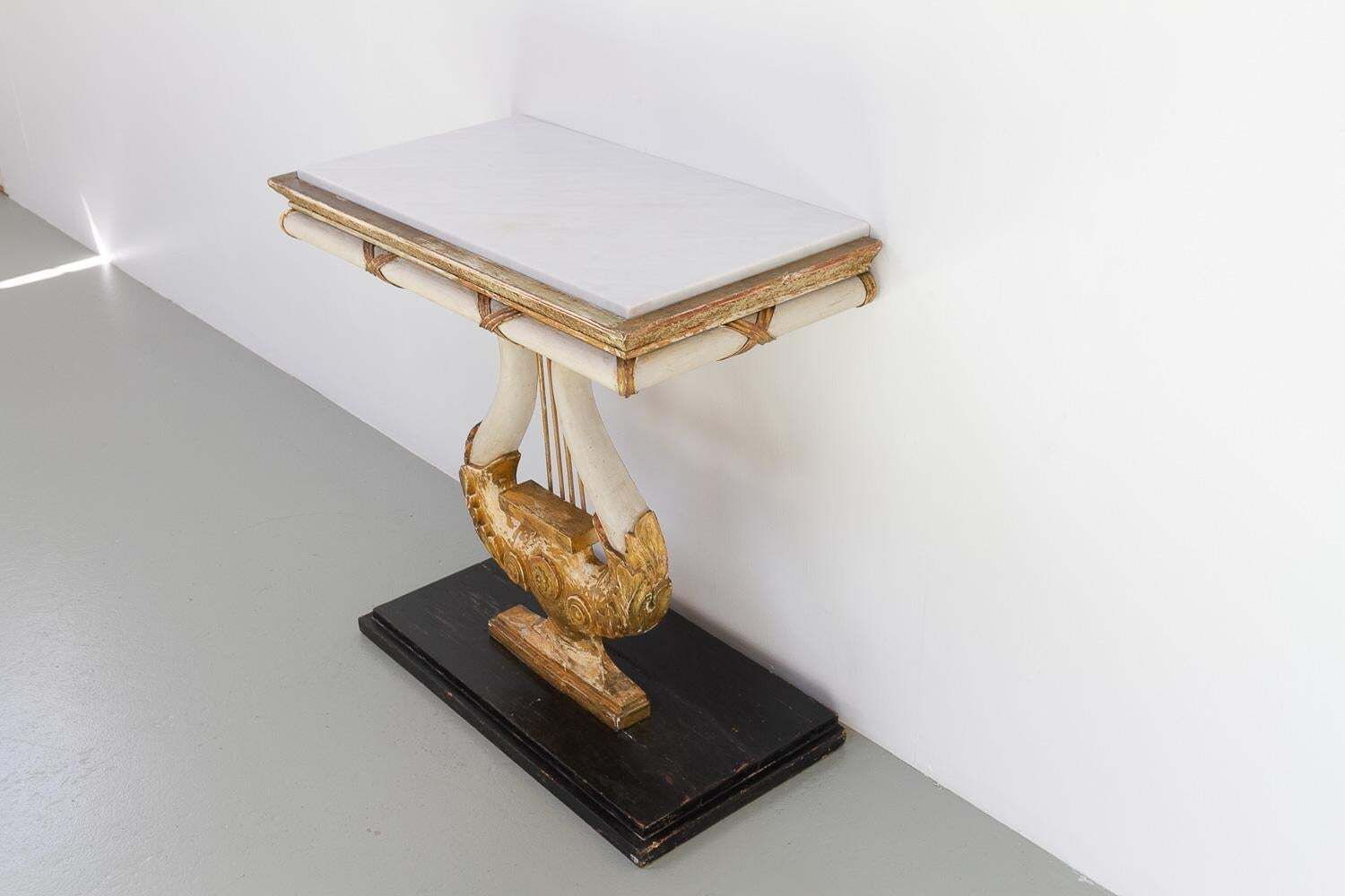 photo buy Swedish Gustavian Giltwood Console Table With Lyre And Marble Top, 1800s.