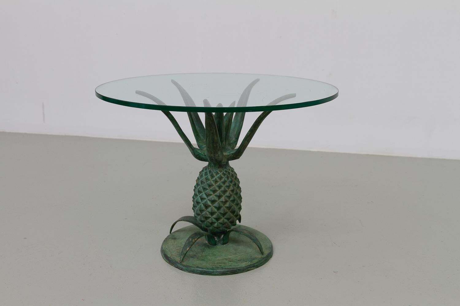 French Hollywood Regency Pineapple Side Table In Brass And Glass. 1970s. photo for sale