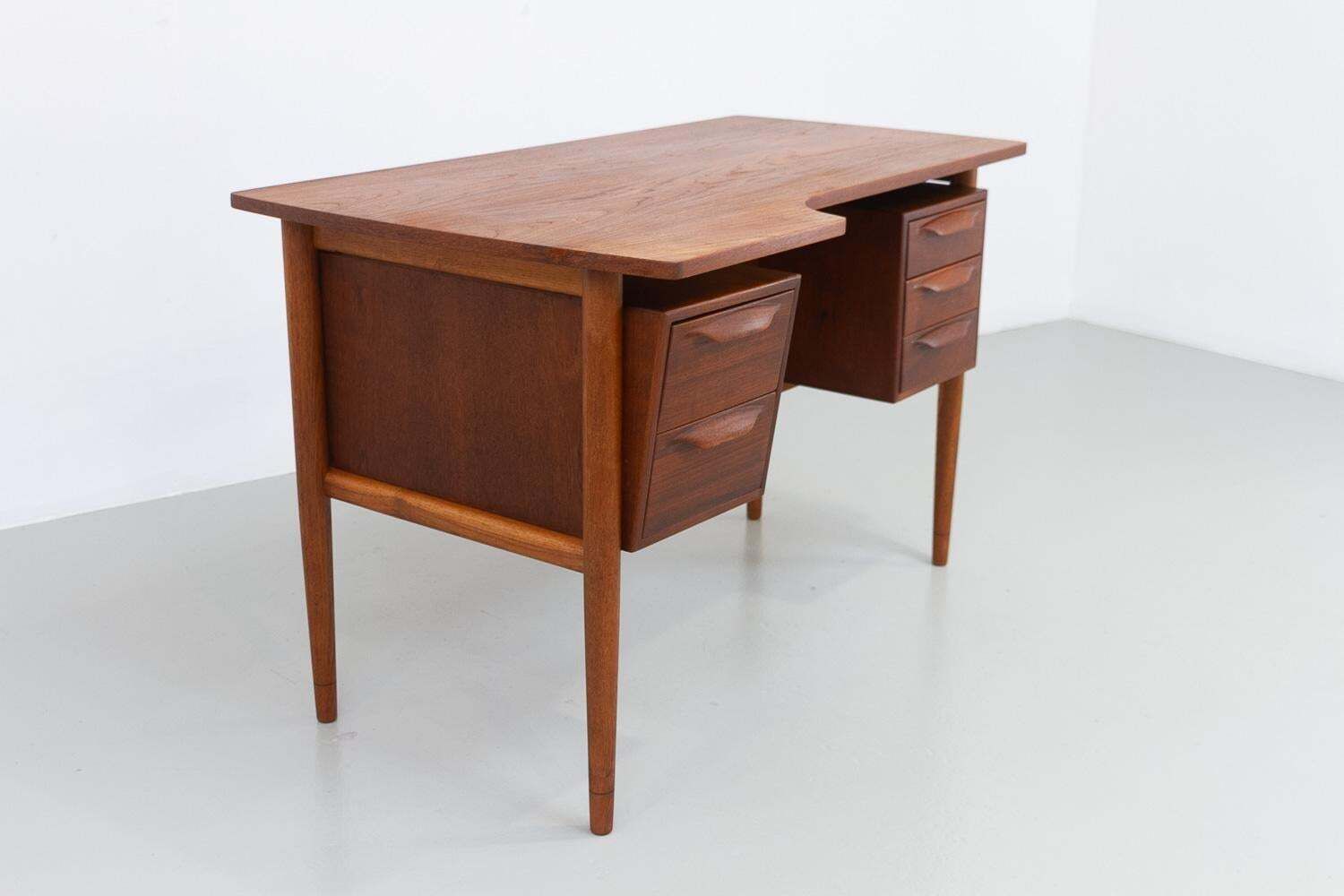 Danish Mid Century Modern Asymmetrical Teak Desk, 1950s. photo for sale
