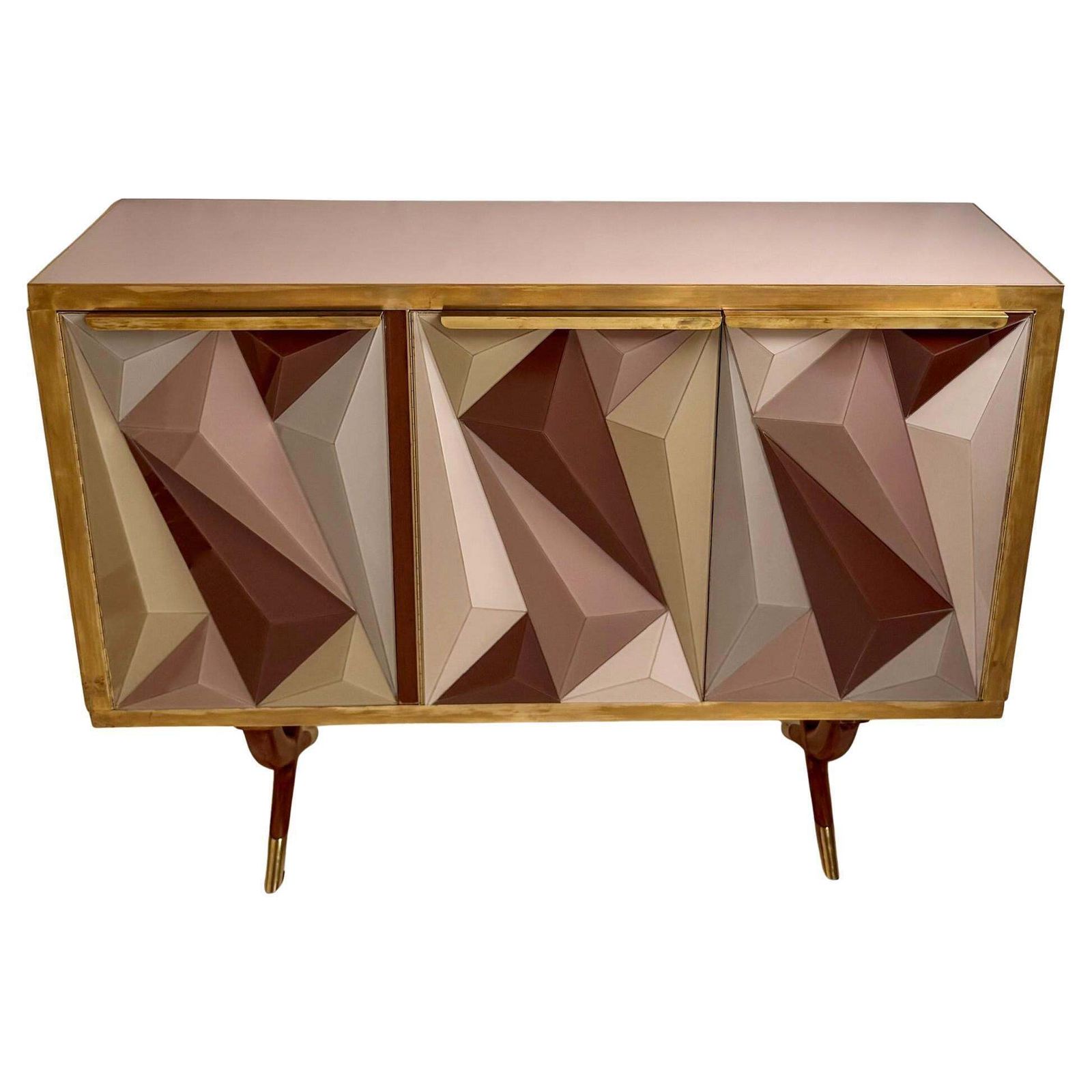 Mid Century Modern Cherry Wood Brass & Three Dimensional Opaline Glass Cabinet