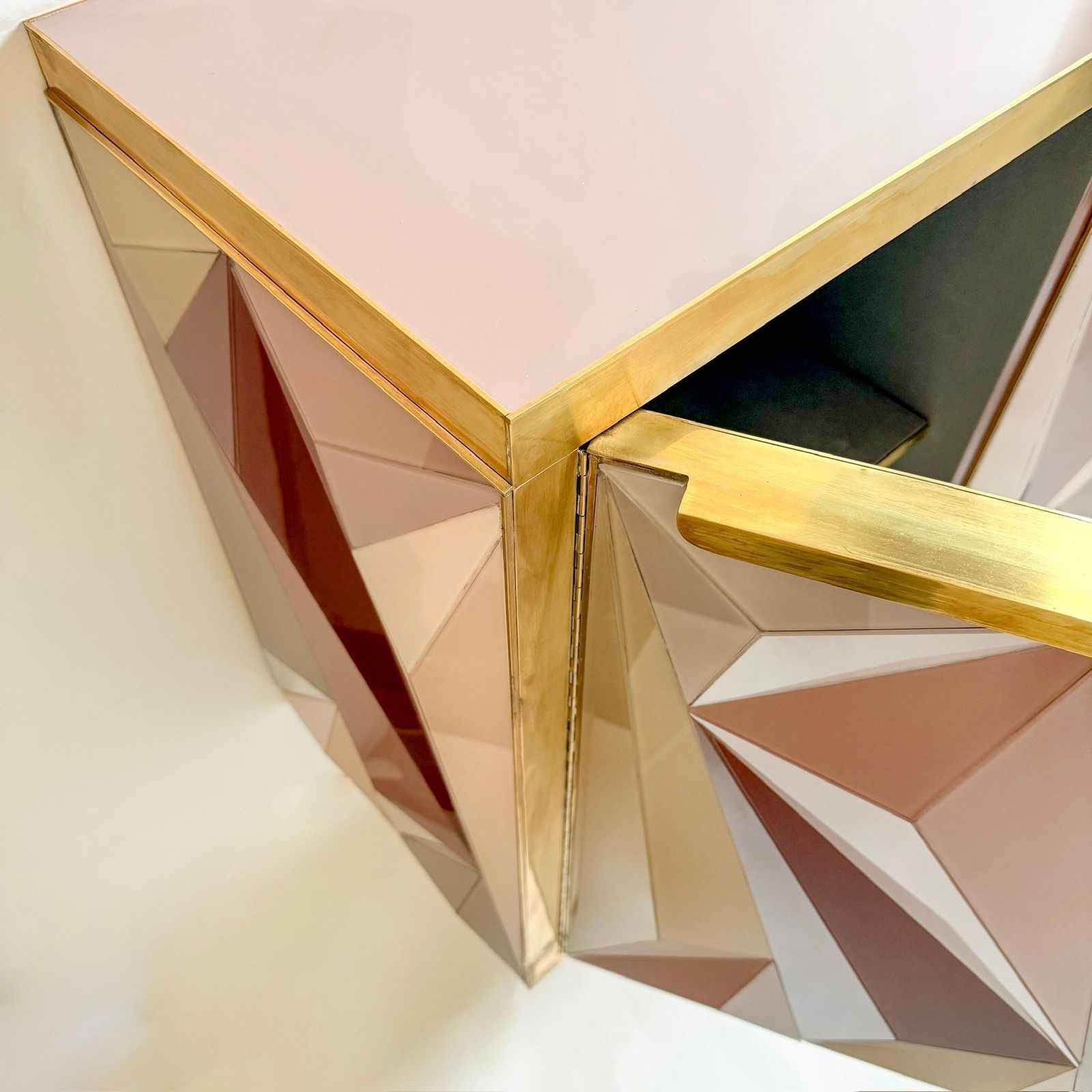16297.0 Mid Century Modern Cherry Wood Brass & Three Dimensional Opaline Glass Cabinet photo