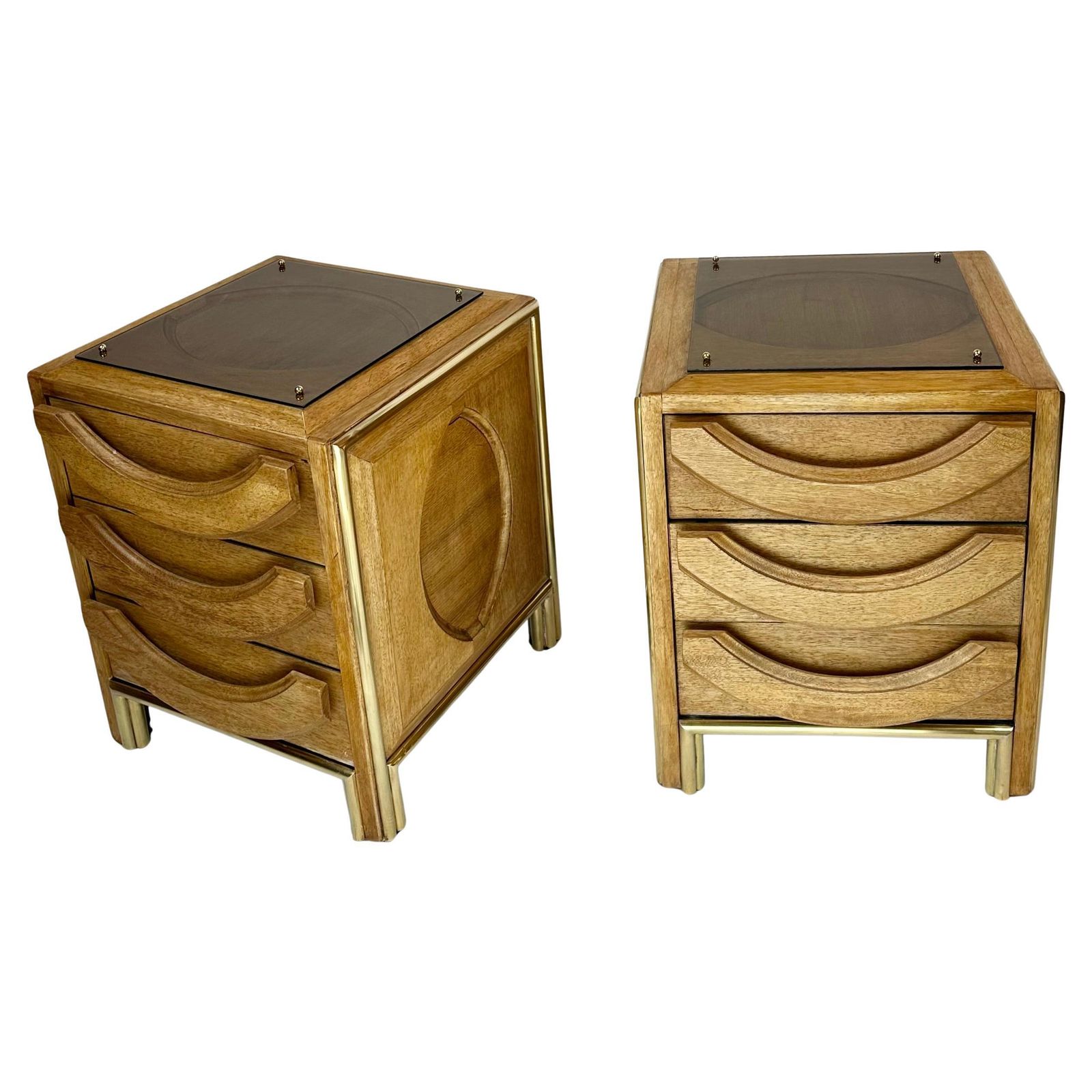 Late 20th Century Pair Of Italian Wood, Brass & Light Brown Glass Night Stands