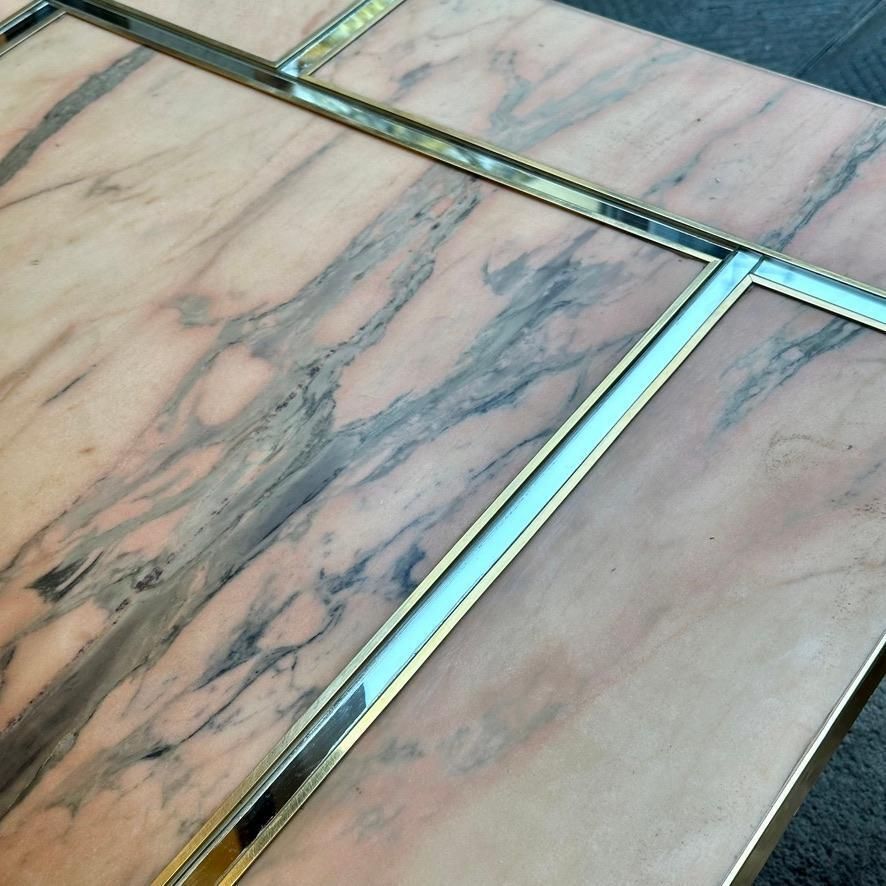 Late 20th Century Italian Square Brass W/ Mirror & Pink Onyx Top Coffee Table photo vinterior