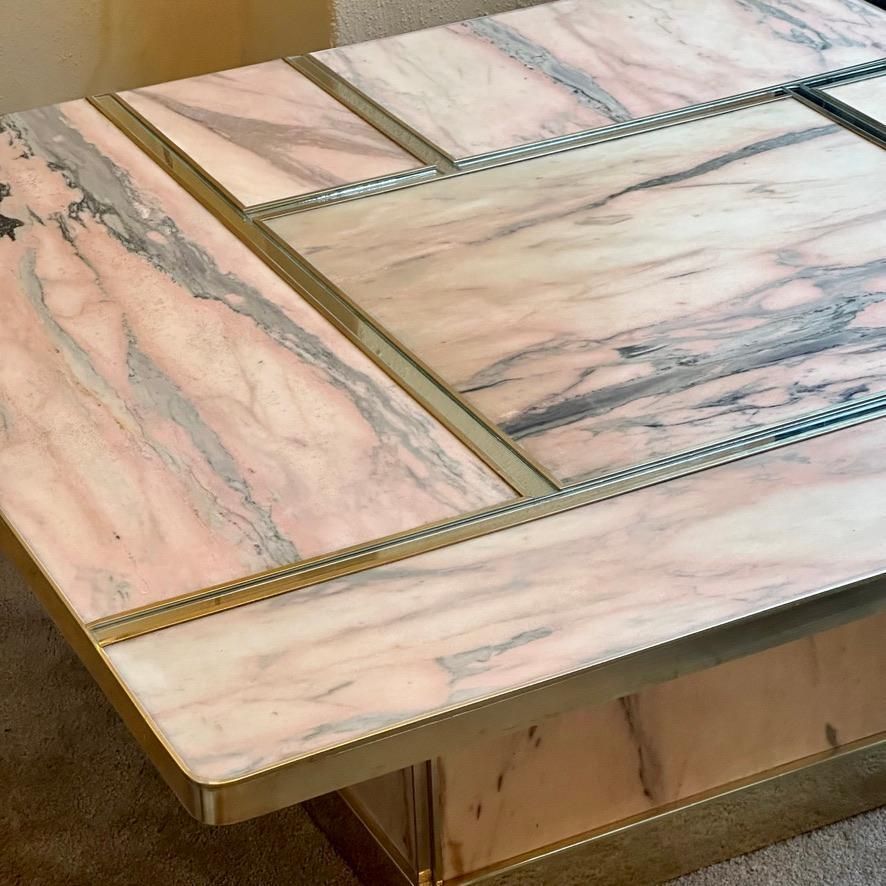 Late 20th Century Italian Square Brass W/ Mirror & Pink Onyx Top Coffee Table photo buy
