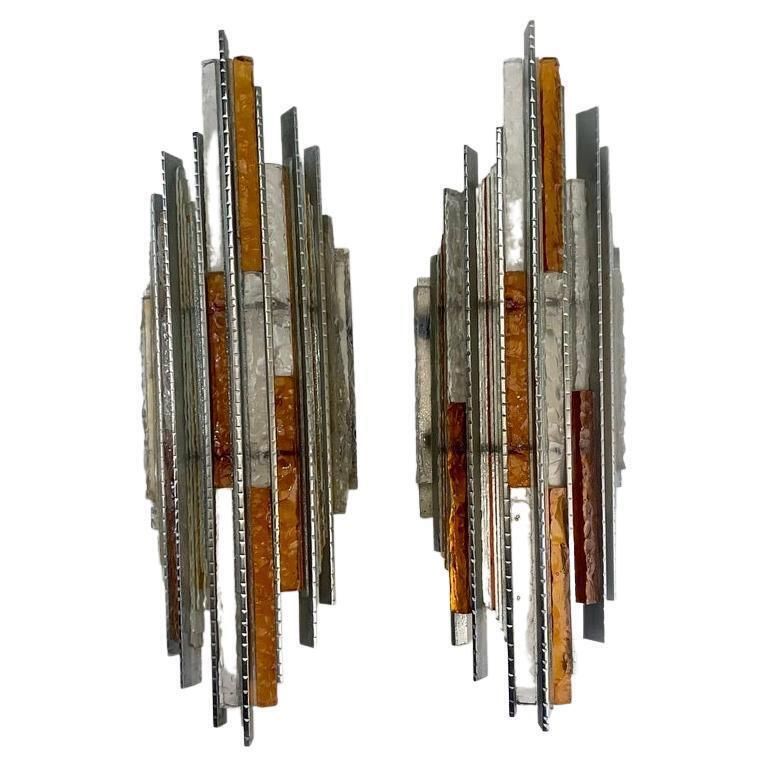 Late 20th Century Pair Of Brutalist Iron & Glass Sconces By A. Poli For Poliarte