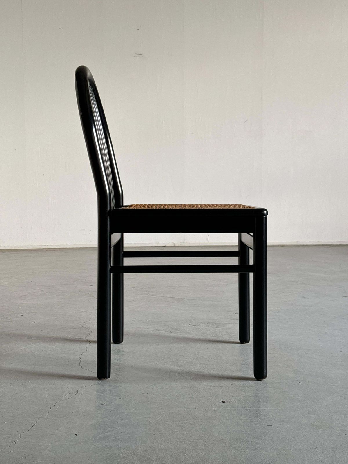 Vintage Mid Century Dining Chairs In Black Lacquered Wood And Cane, 1980s Italy photo vinterior